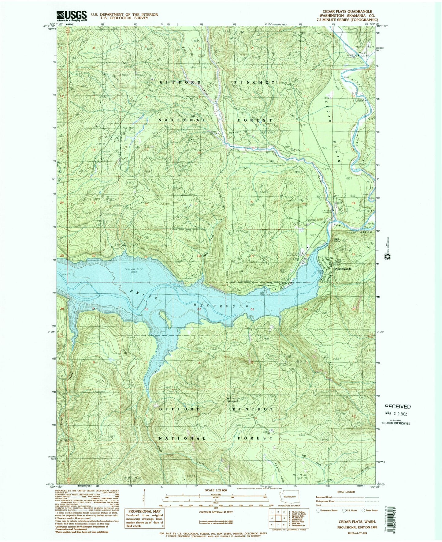Classic USGS Cedar Flats Washington 7.5'x7.5' Topo Map Image