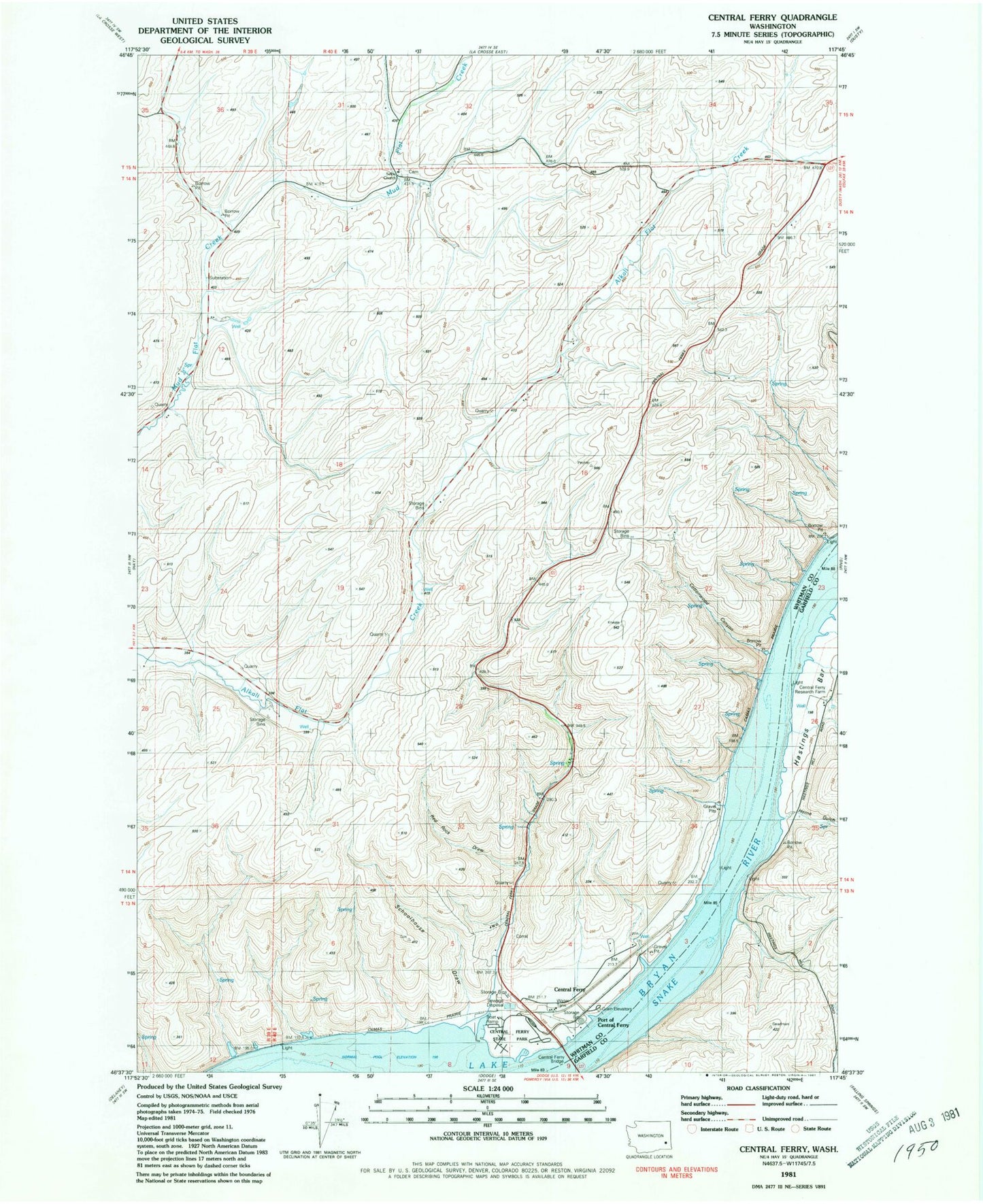 Classic USGS Central Ferry Washington 7.5'x7.5' Topo Map Image