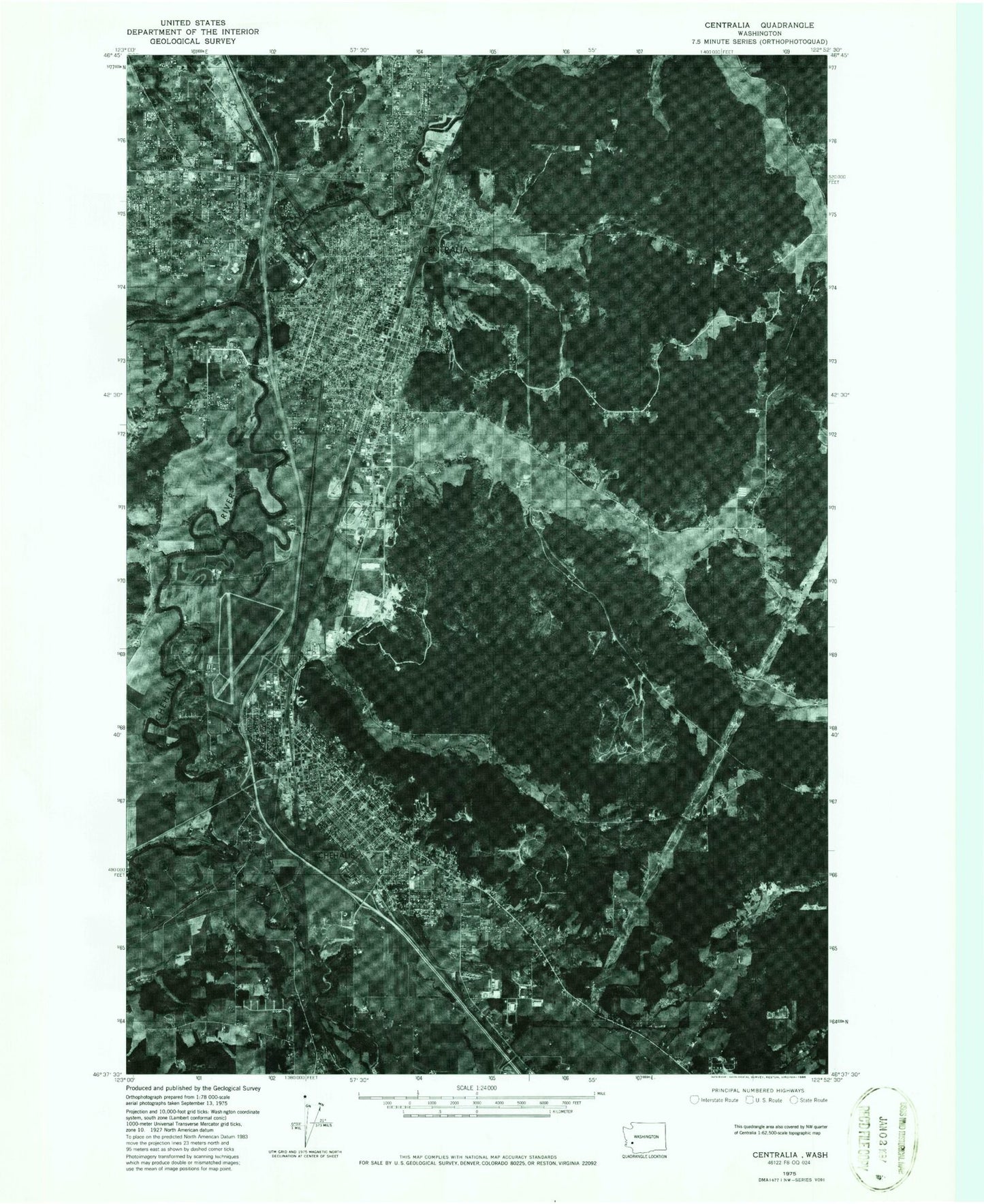 Classic USGS Centralia Washington 7.5'x7.5' Topo Map Image