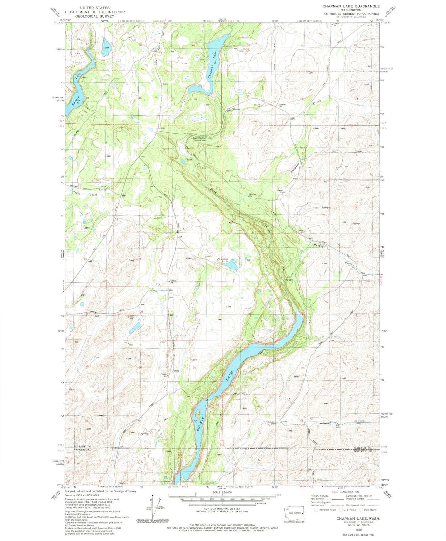 Classic USGS Chapman Lake Washington 7.5'x7.5' Topo Map Image