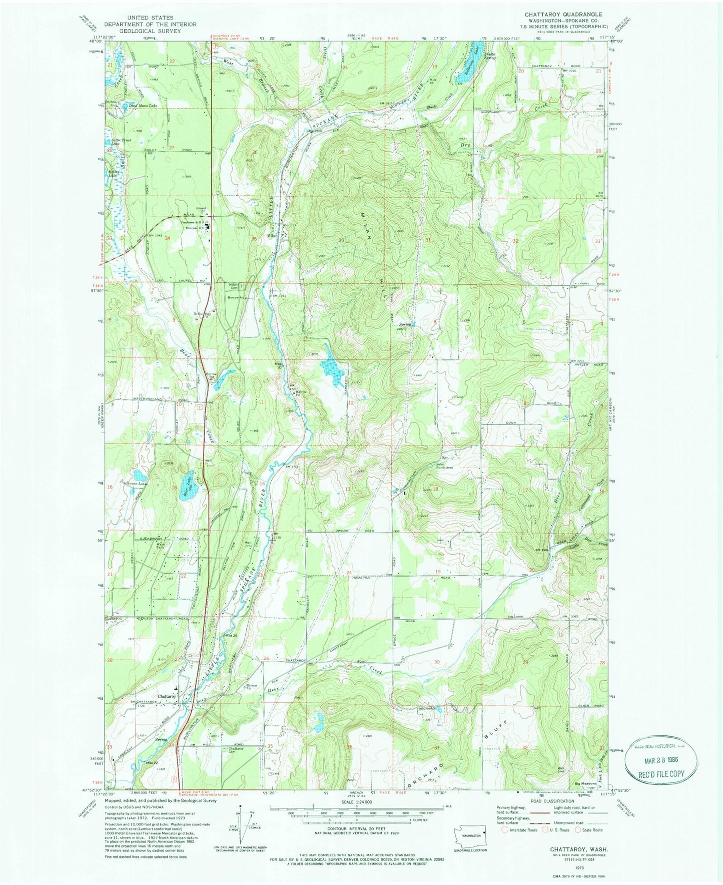 Classic USGS Chattaroy Washington 7.5'x7.5' Topo Map Image