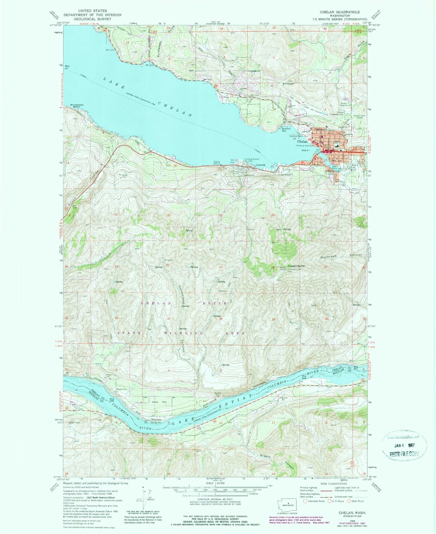 Classic USGS Chelan Washington 7.5'x7.5' Topo Map Image