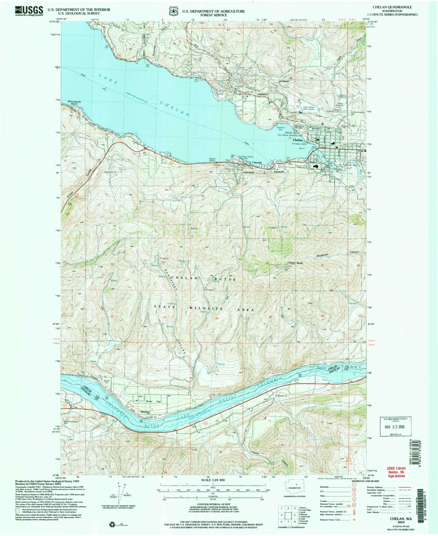 Classic USGS Chelan Washington 7.5'x7.5' Topo Map Image