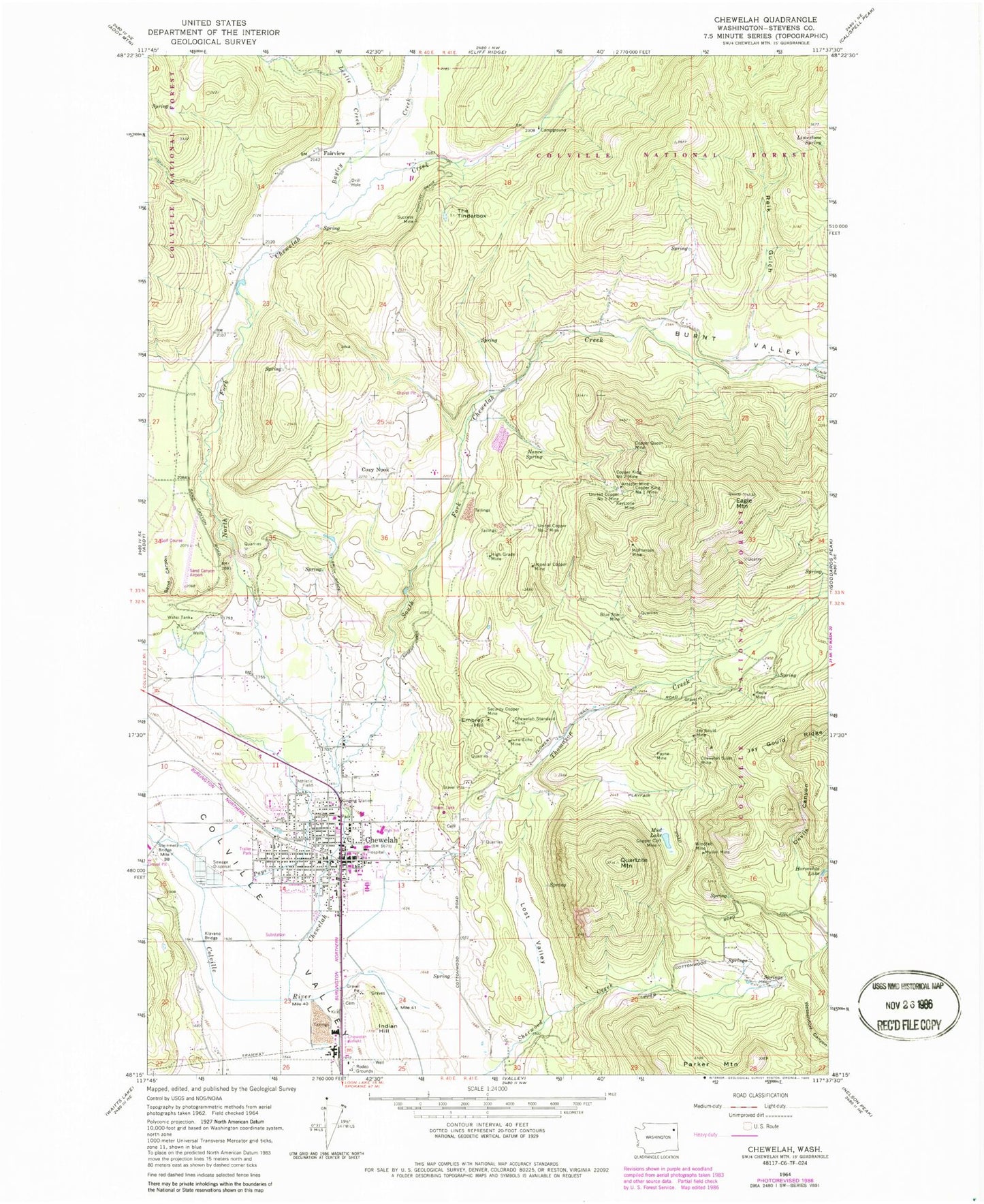 Classic USGS Chewelah Washington 7.5'x7.5' Topo Map Image