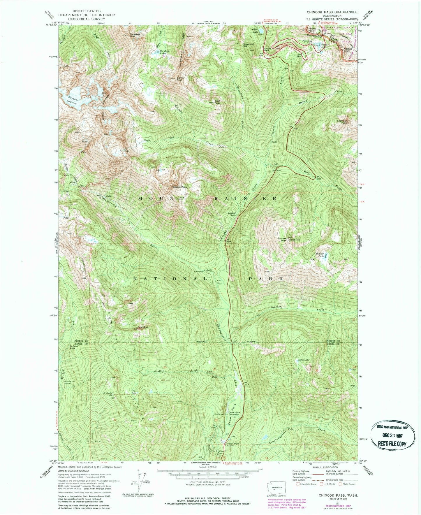 Classic USGS Chinook Pass Washington 7.5'x7.5' Topo Map Image