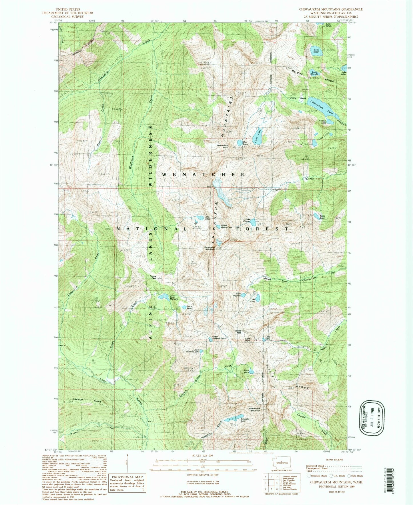 Classic USGS Chiwaukum Mountains Washington 7.5'x7.5' Topo Map Image