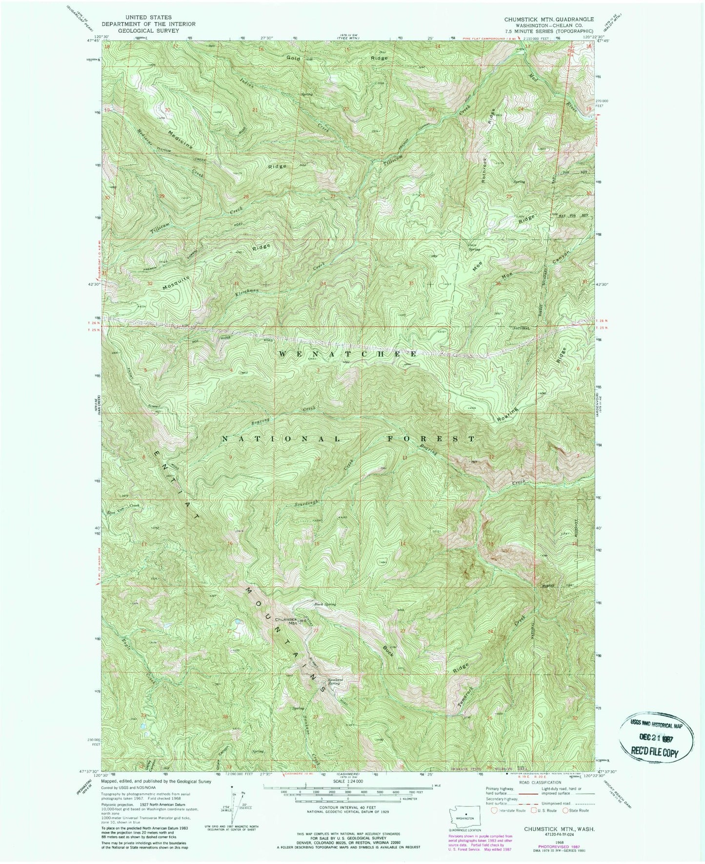 Classic USGS Chumstick Mountain Washington 7.5'x7.5' Topo Map Image