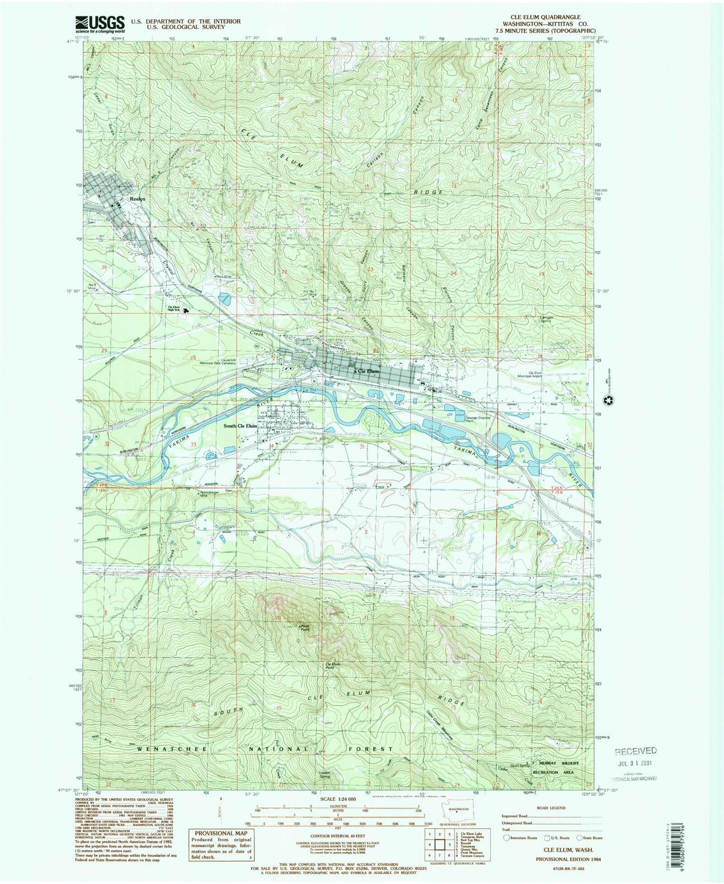 Classic USGS Cle Elum Washington 7.5'x7.5' Topo Map Image