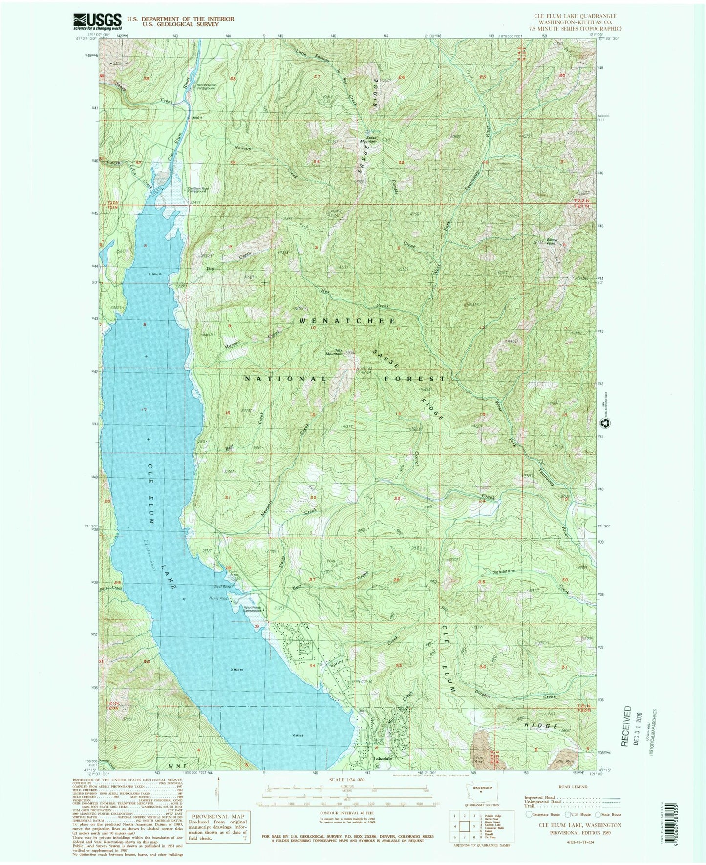 Classic USGS Cle Elum Lake Washington 7.5'x7.5' Topo Map Image