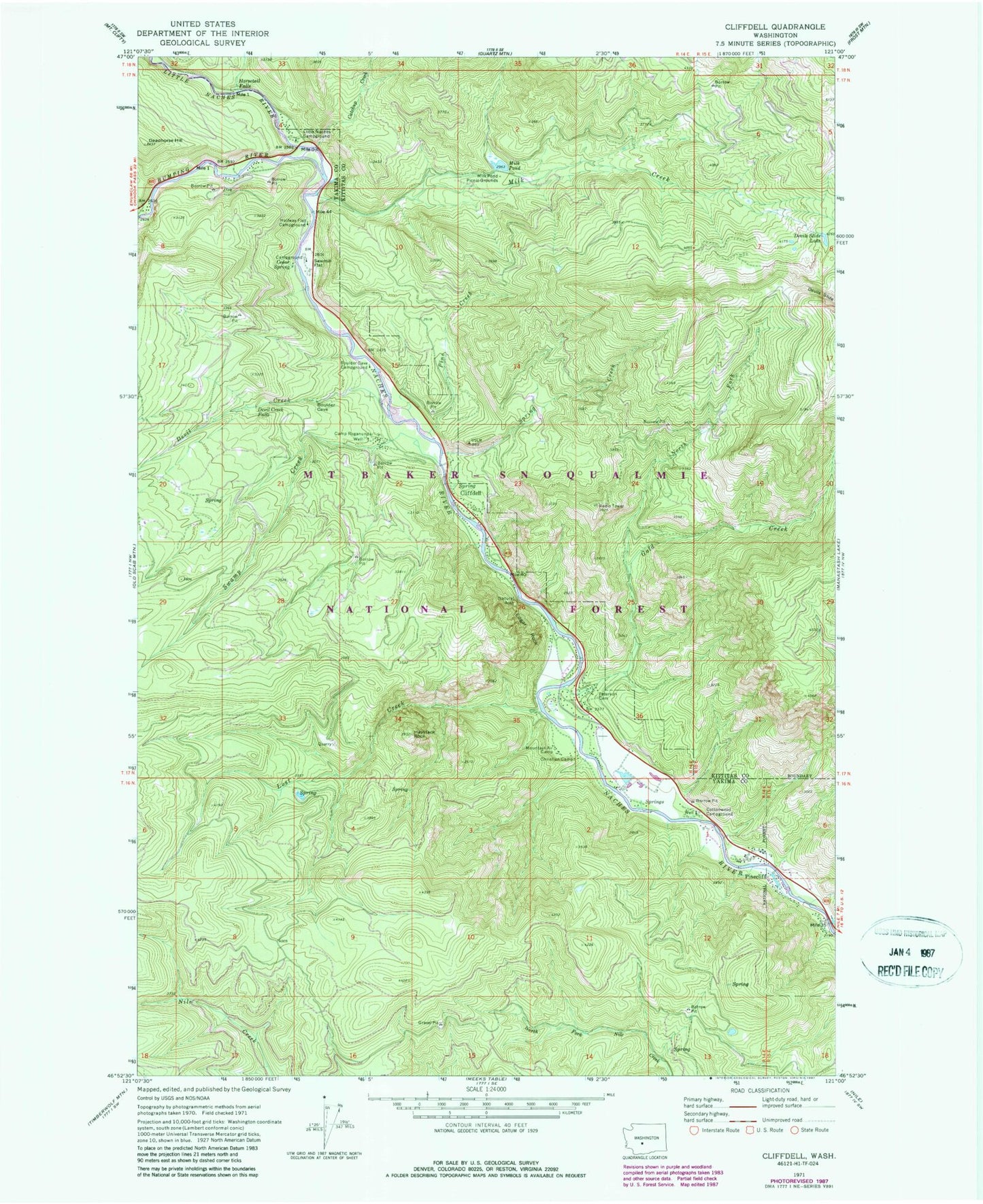 Classic USGS Cliffdell Washington 7.5'x7.5' Topo Map Image