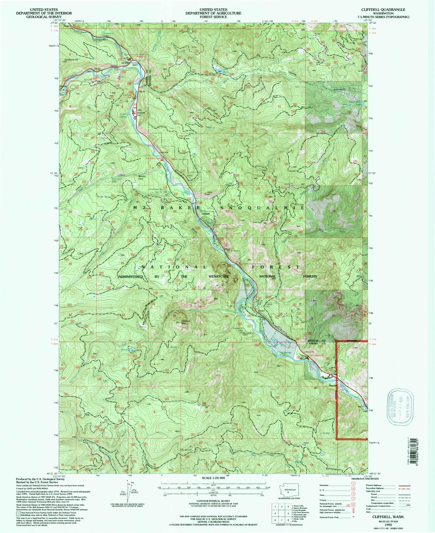 Classic USGS Cliffdell Washington 7.5'x7.5' Topo Map Image