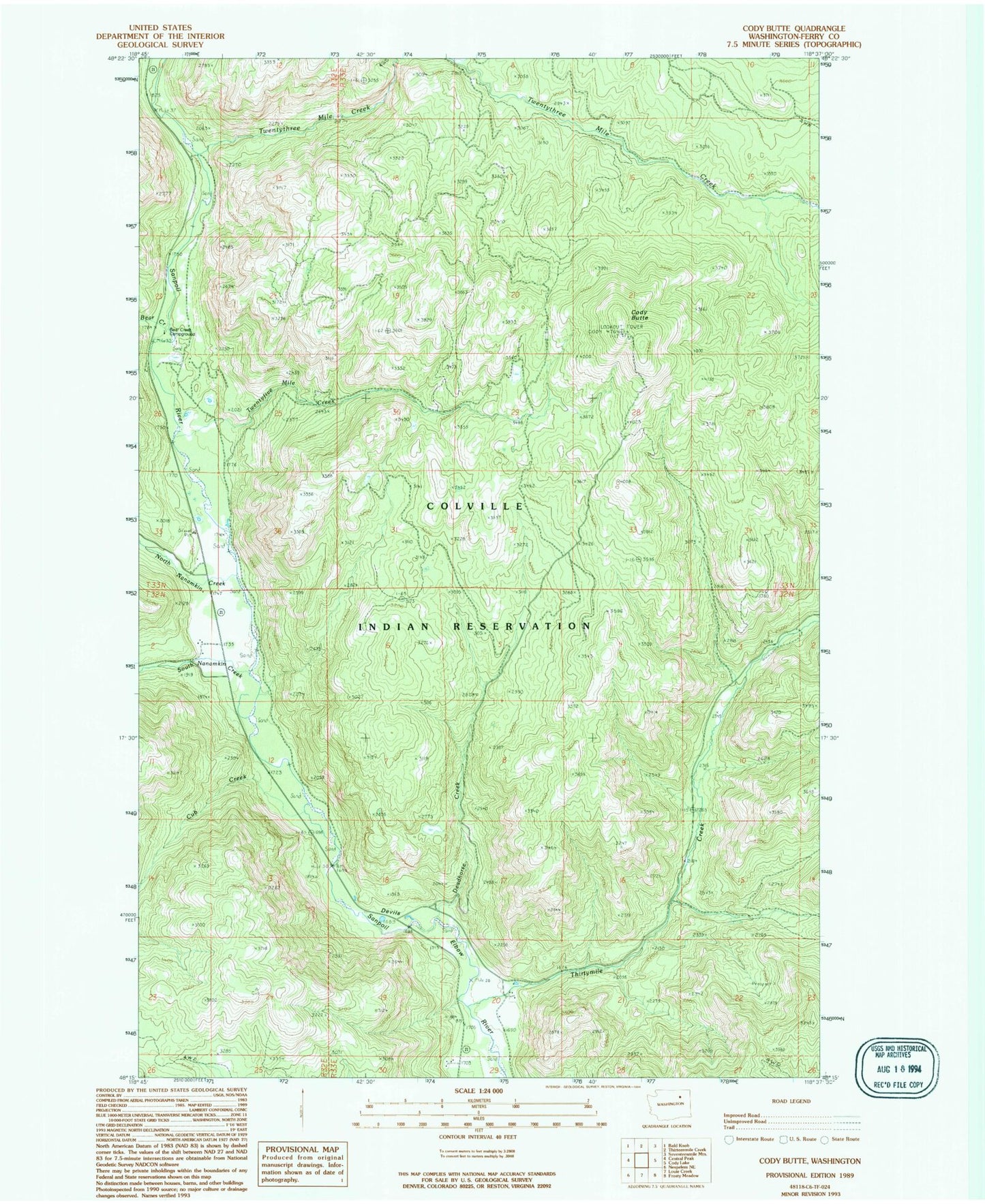 Classic USGS Cody Butte Washington 7.5'x7.5' Topo Map Image