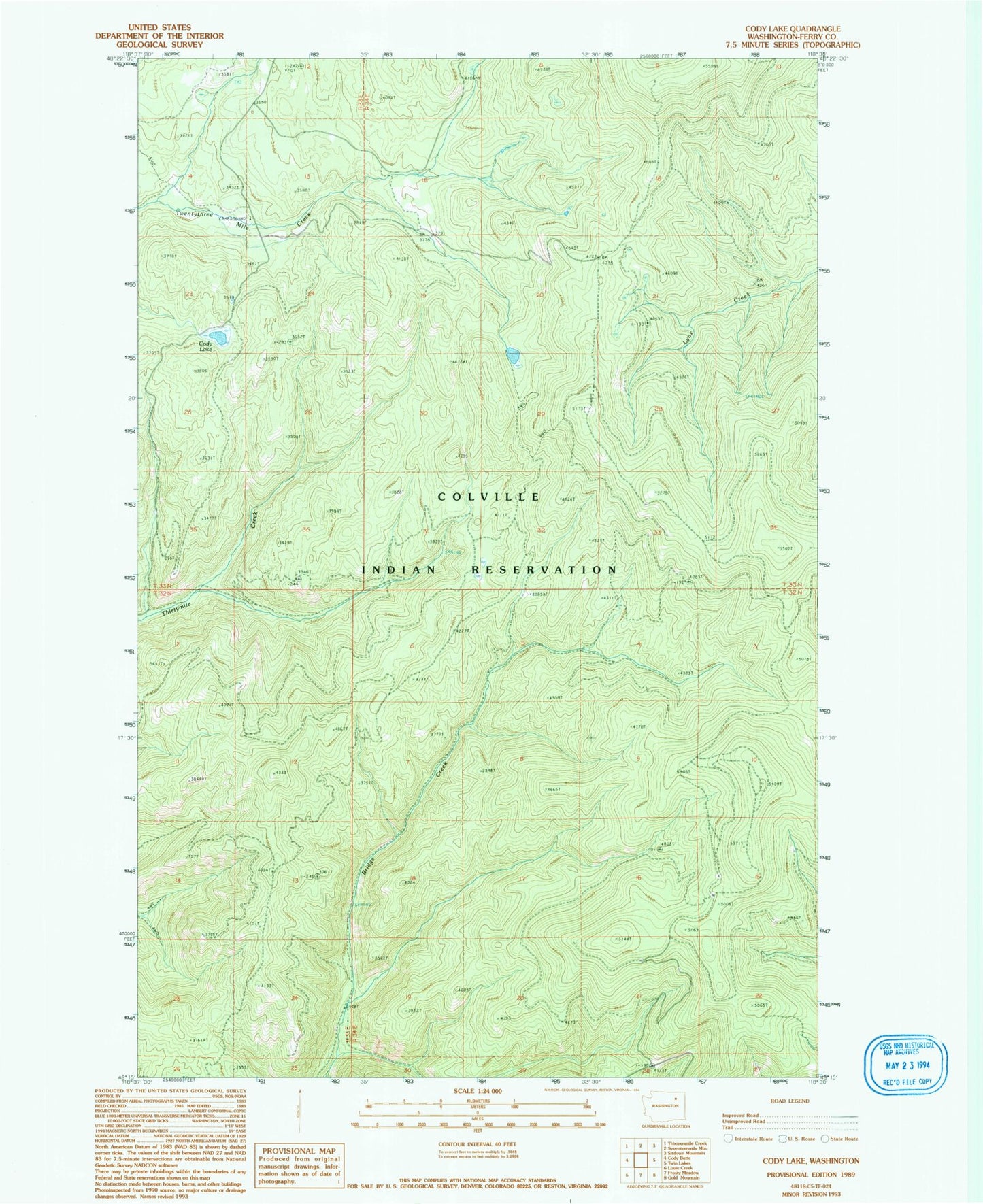 Classic USGS Cody Lake Washington 7.5'x7.5' Topo Map Image