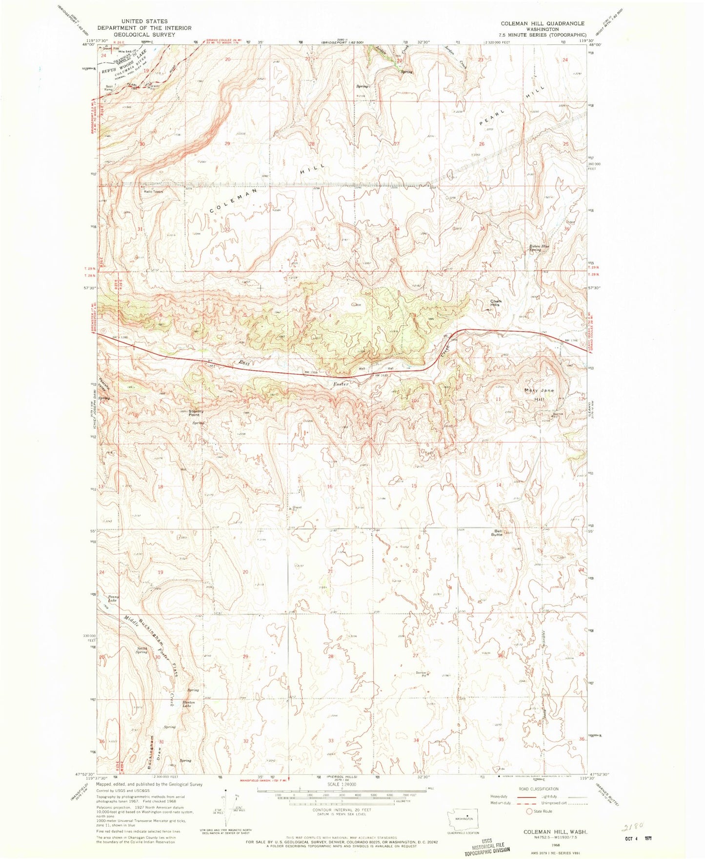 Classic USGS Coleman Hill Washington 7.5'x7.5' Topo Map Image