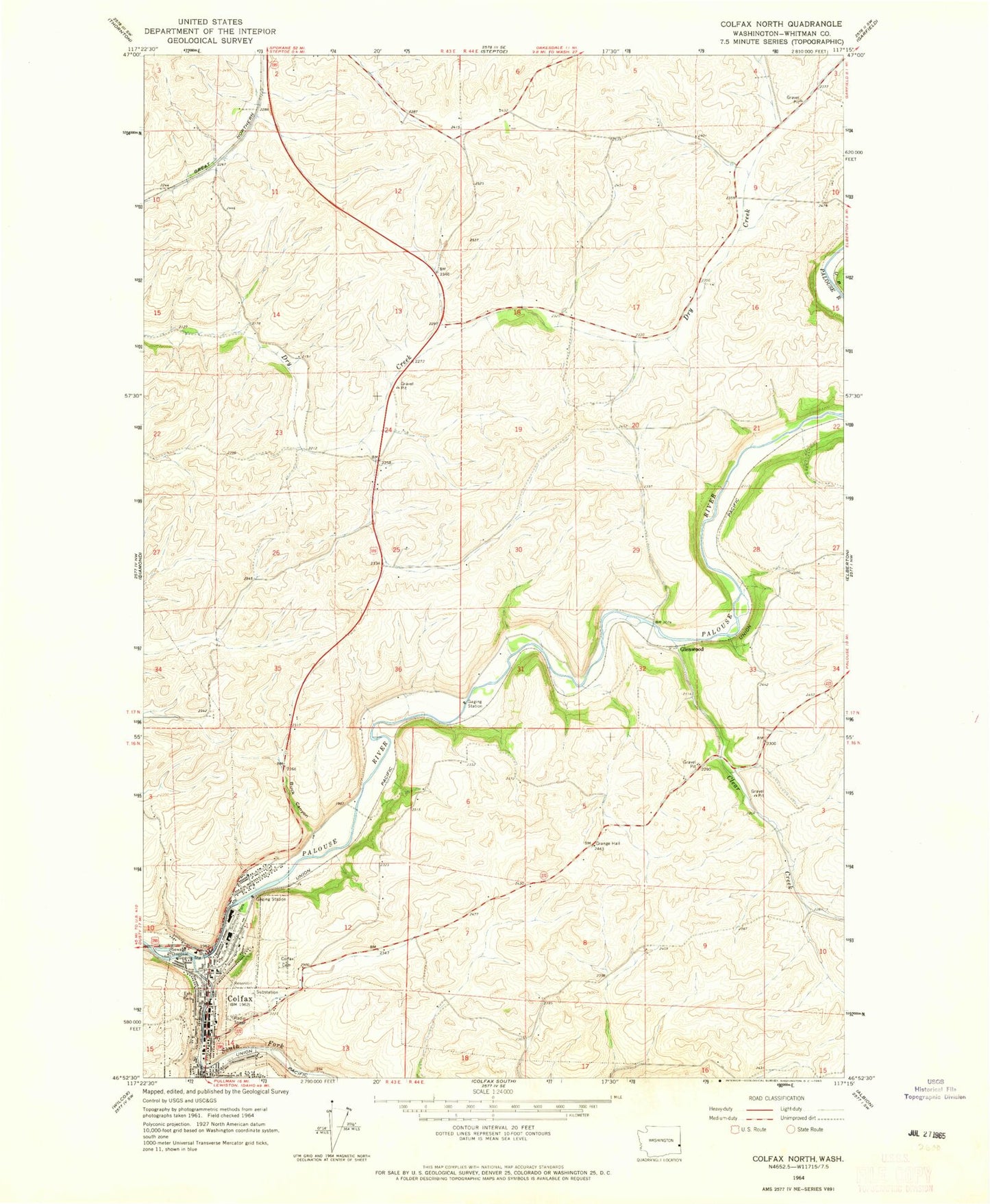 Classic USGS Colfax North Washington 7.5'x7.5' Topo Map Image