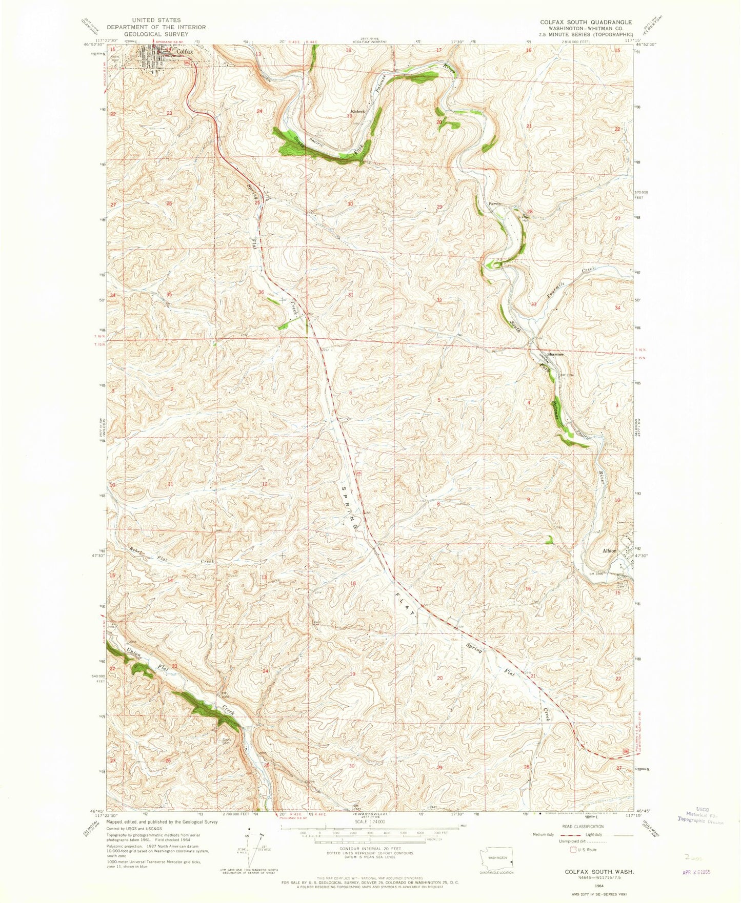 Classic USGS Colfax South Washington 7.5'x7.5' Topo Map Image