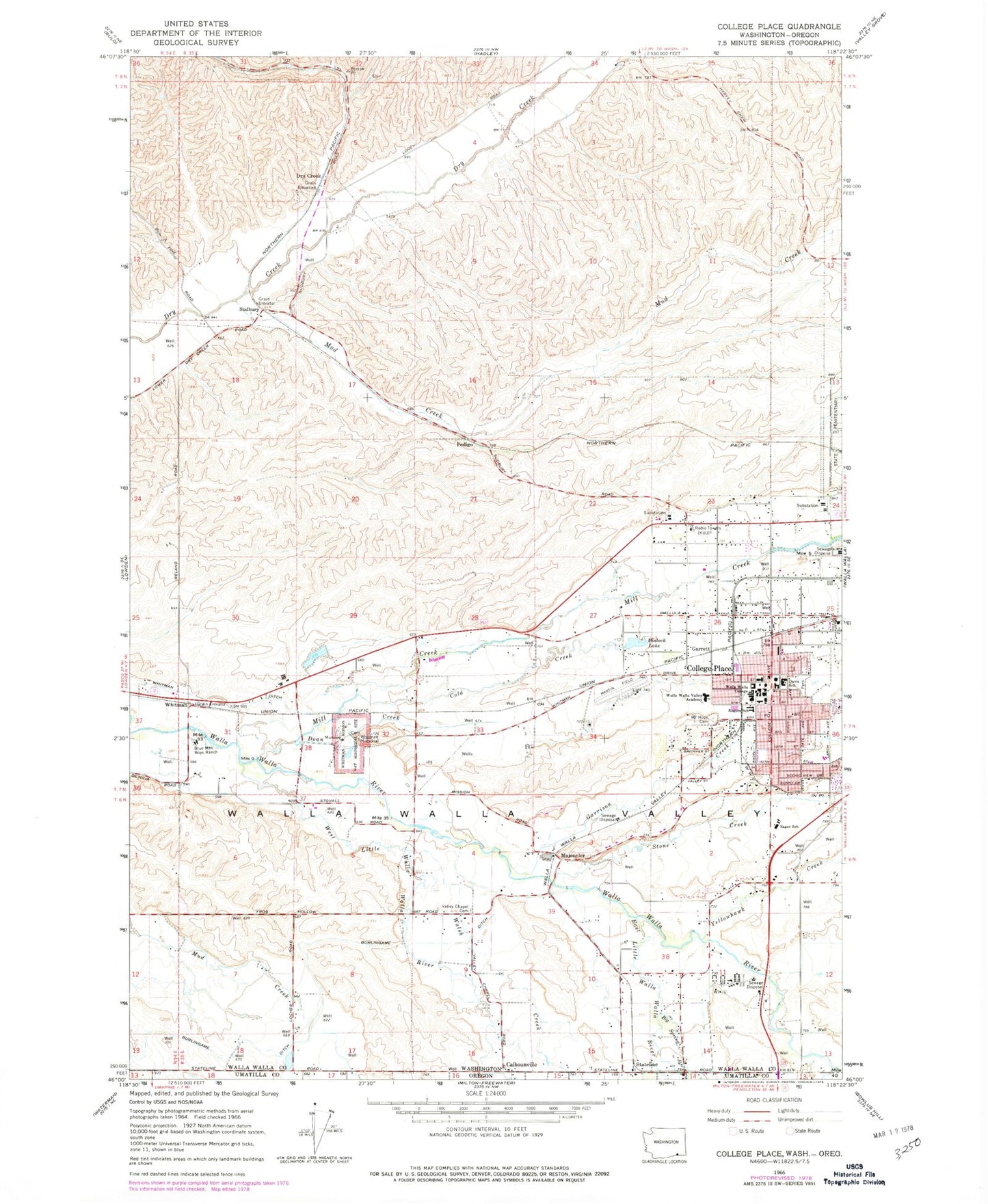 Classic USGS College Place Washington 7.5'x7.5' Topo Map Image