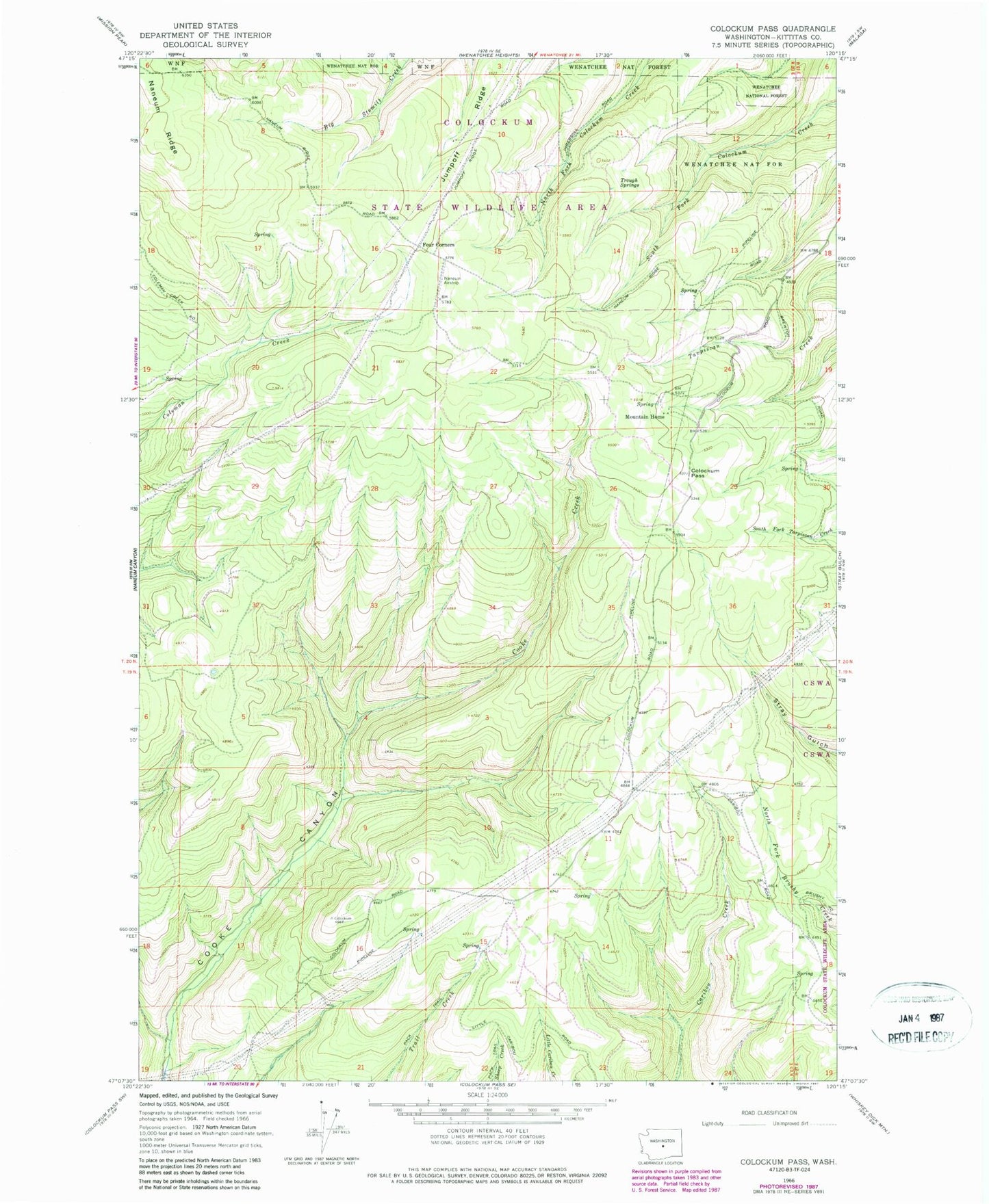 Classic USGS Colockum Pass Washington 7.5'x7.5' Topo Map Image
