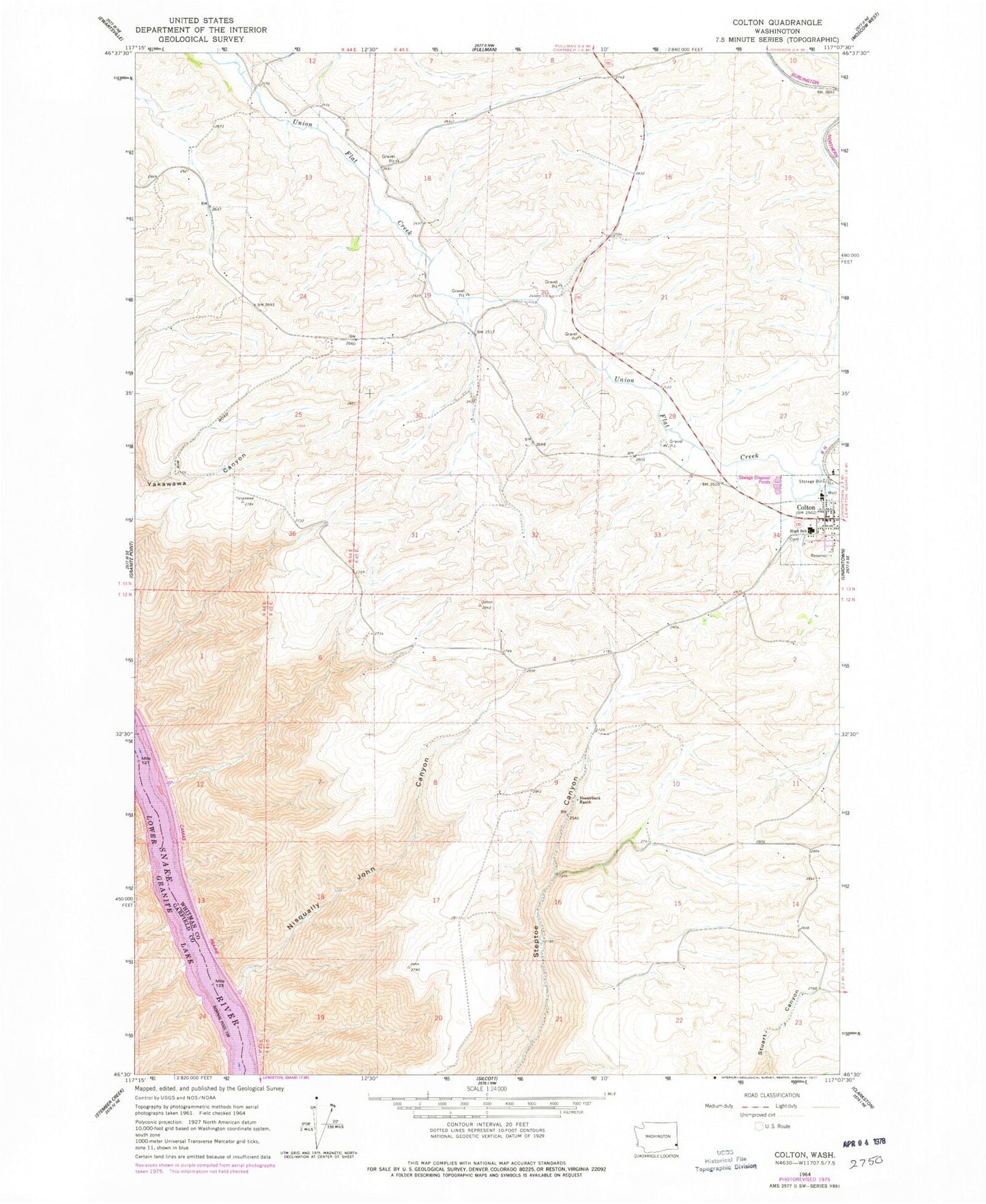 Classic USGS Colton Washington 7.5'x7.5' Topo Map Image