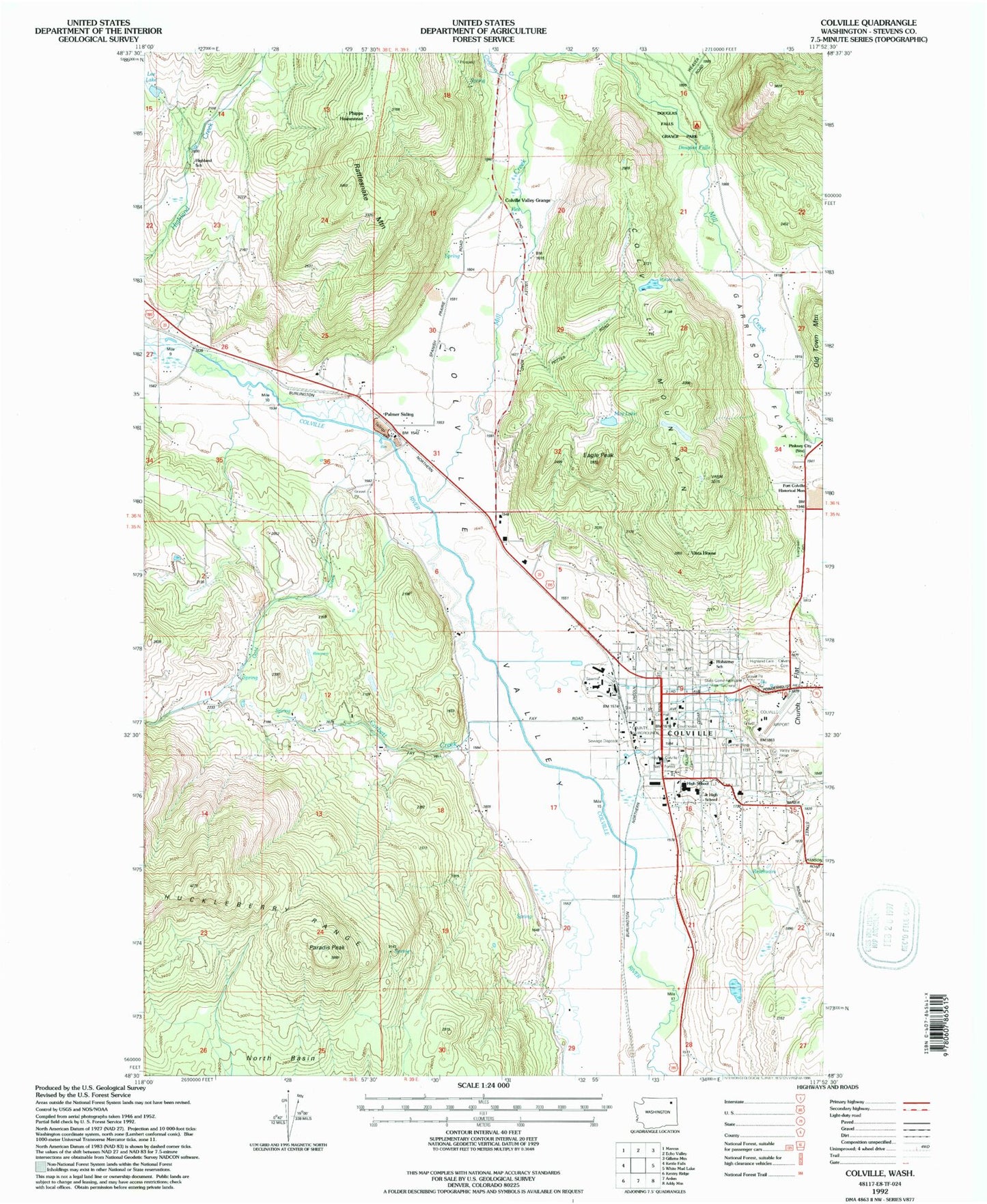 Classic USGS Colville Washington 7.5'x7.5' Topo Map Image