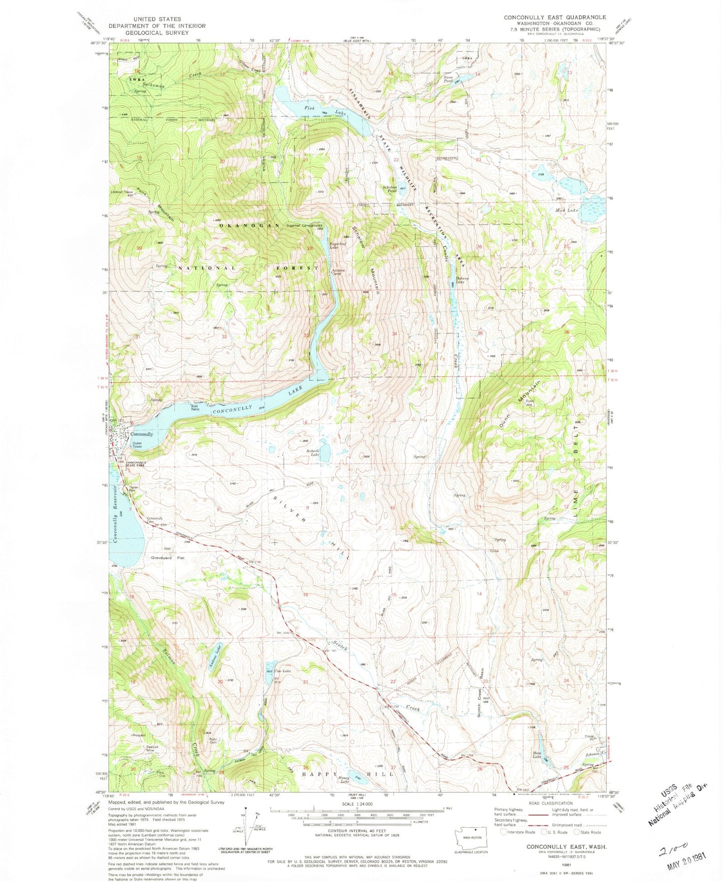 Classic USGS Conconully East Washington 7.5'x7.5' Topo Map Image