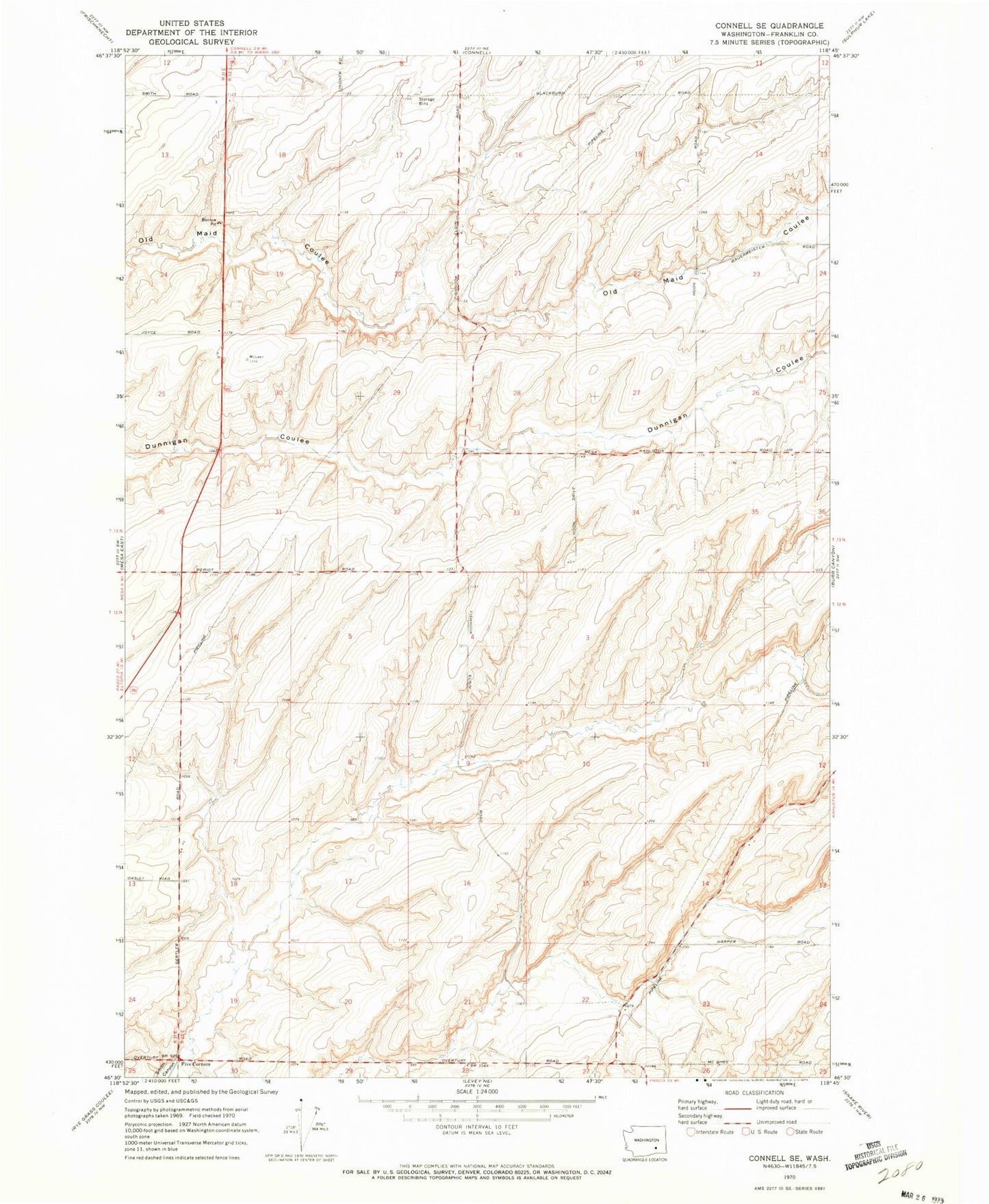 Classic USGS Connell SE Washington 7.5'x7.5' Topo Map Image