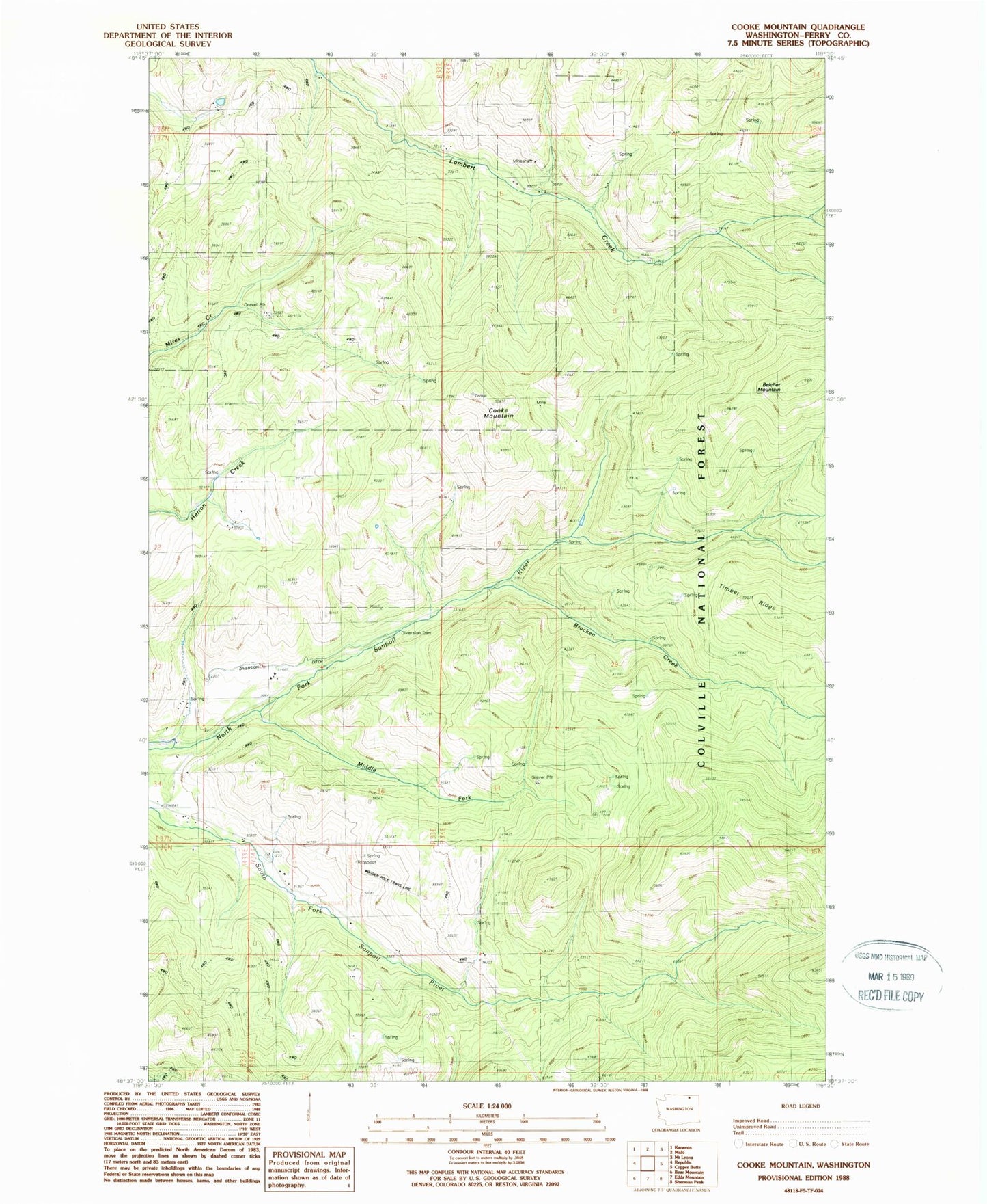 Classic USGS Cooke Mountain Washington 7.5'x7.5' Topo Map Image