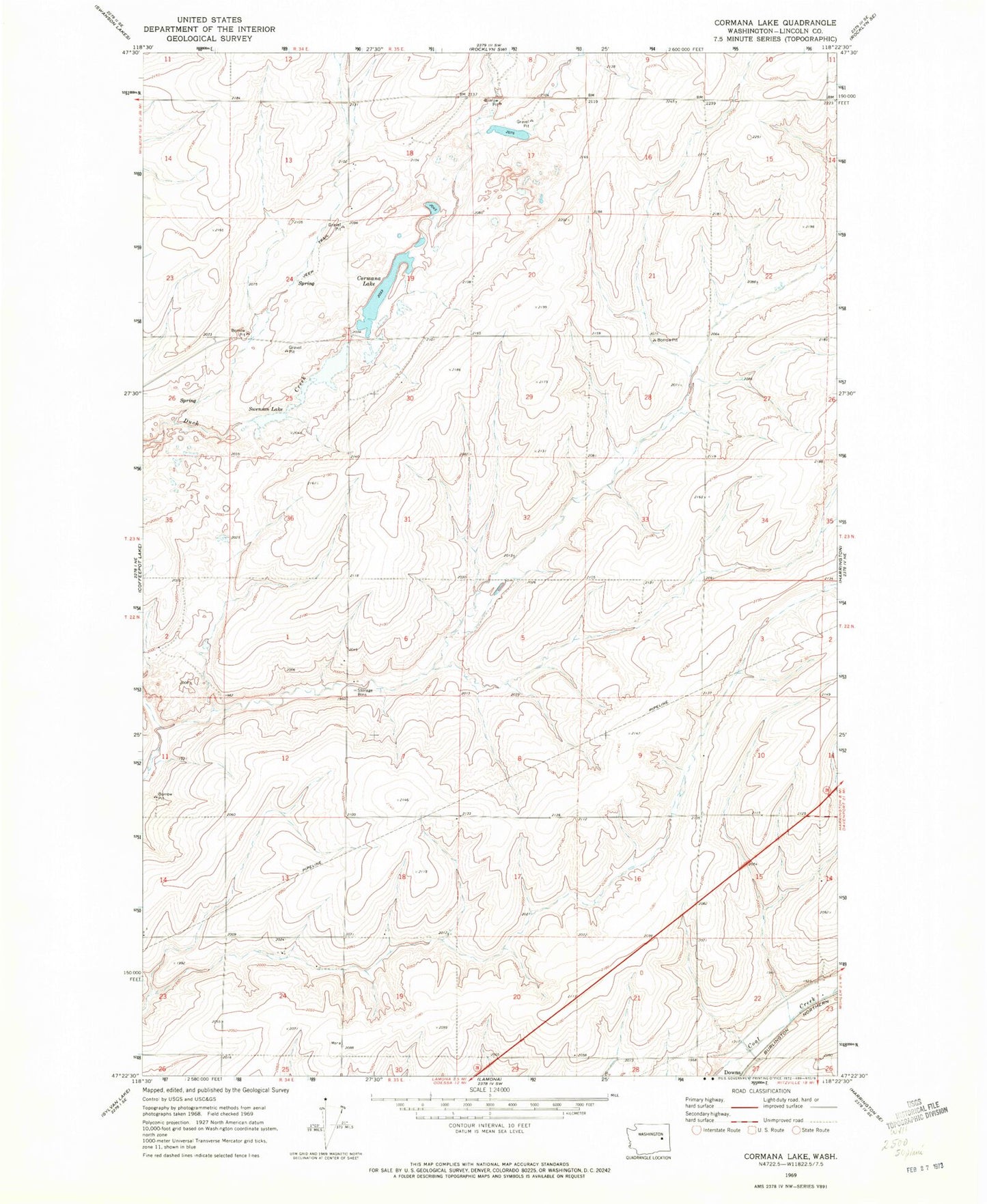 Classic USGS Cormana Lake Washington 7.5'x7.5' Topo Map Image