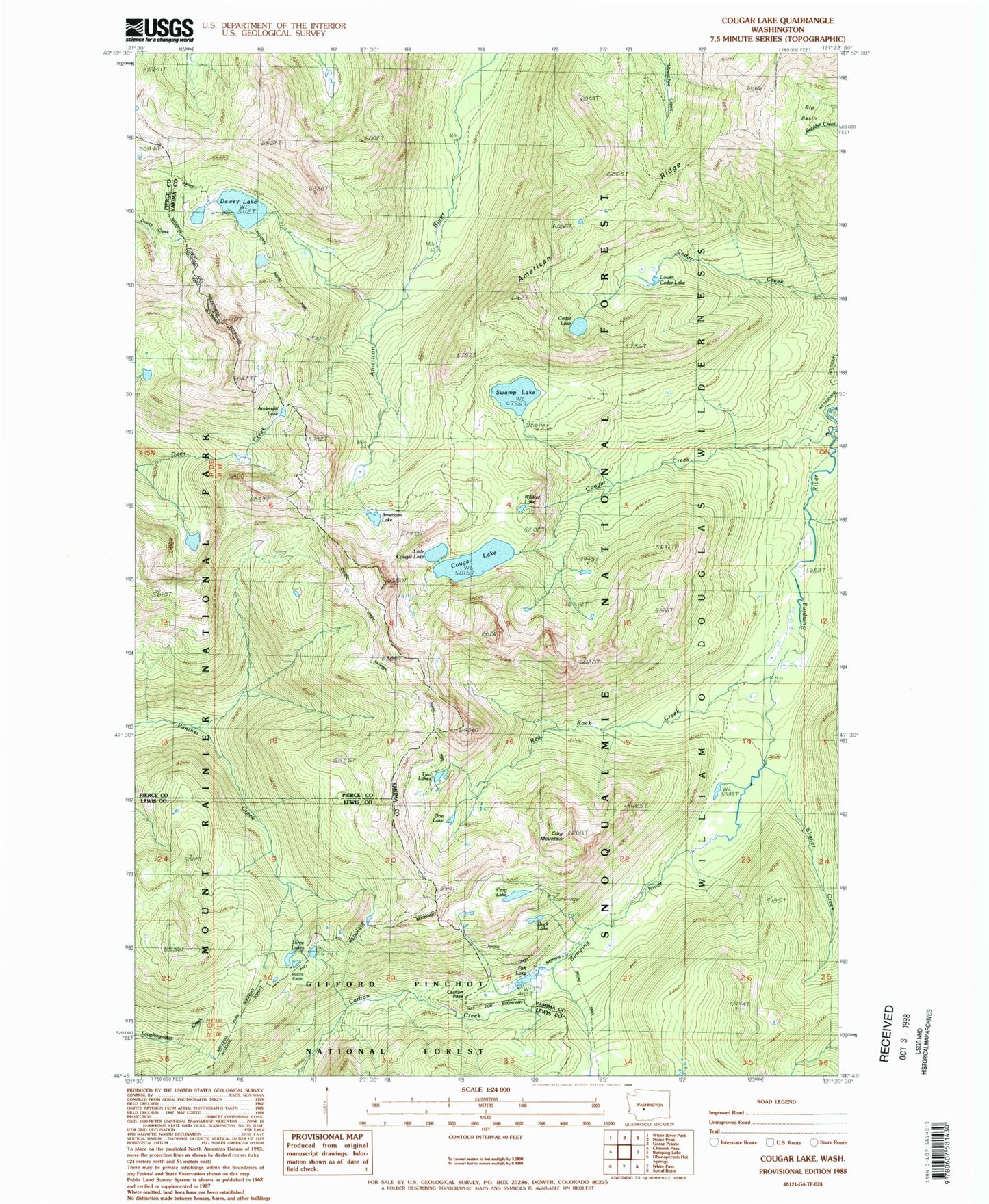 Classic USGS Cougar Lake Washington 7.5'x7.5' Topo Map Image