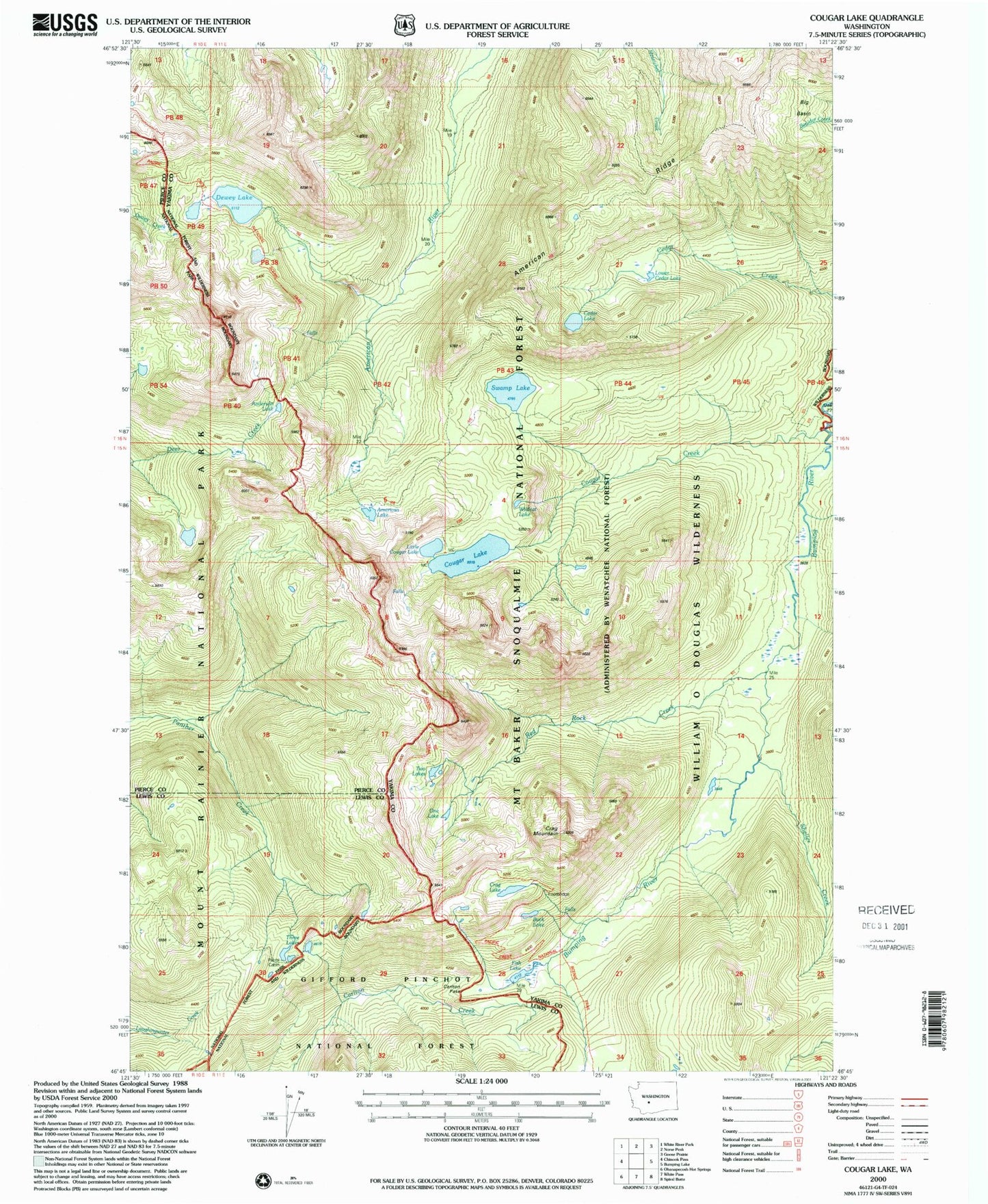Classic USGS Cougar Lake Washington 7.5'x7.5' Topo Map Image