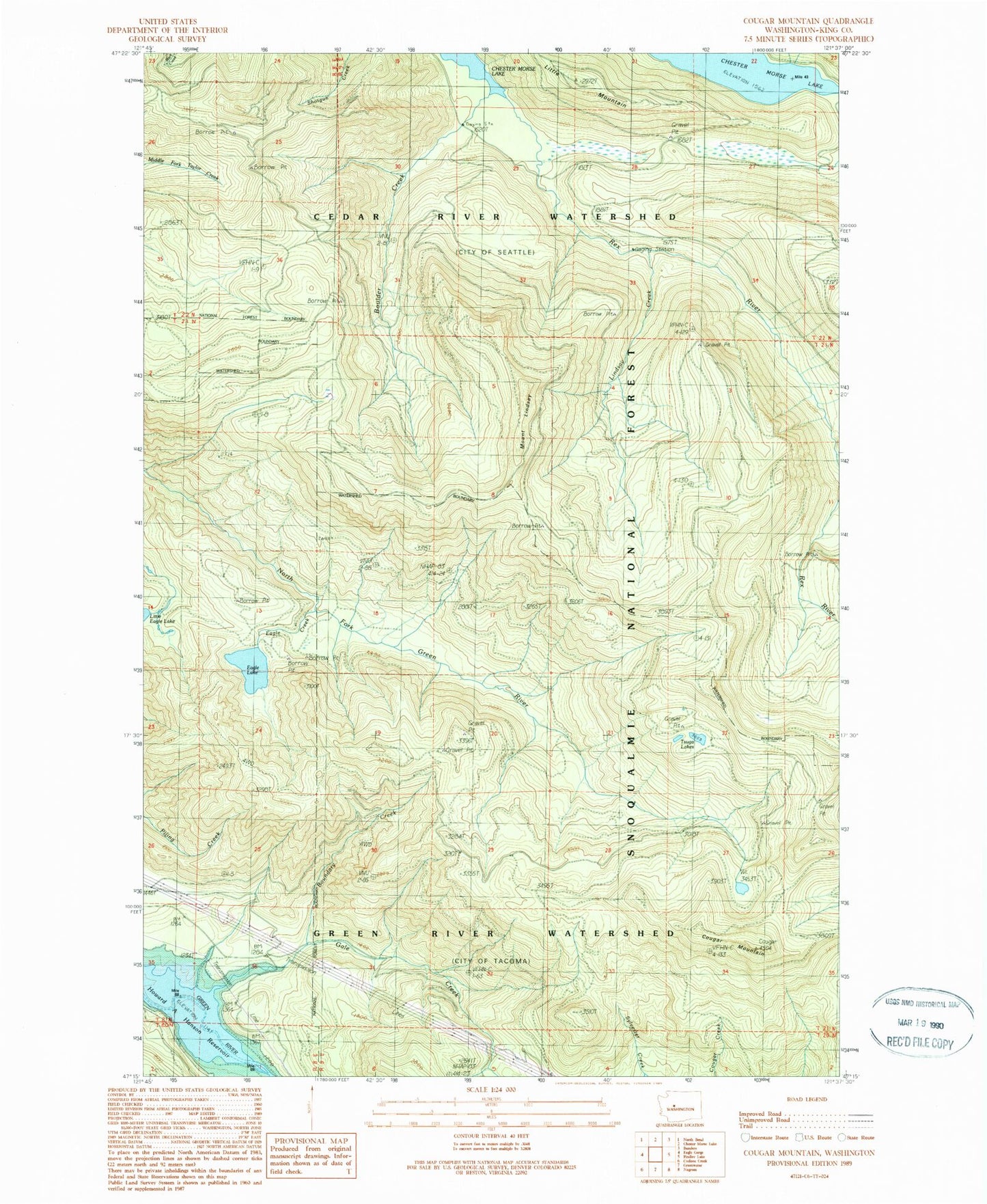 Classic USGS Cougar Mountain Washington 7.5'x7.5' Topo Map Image