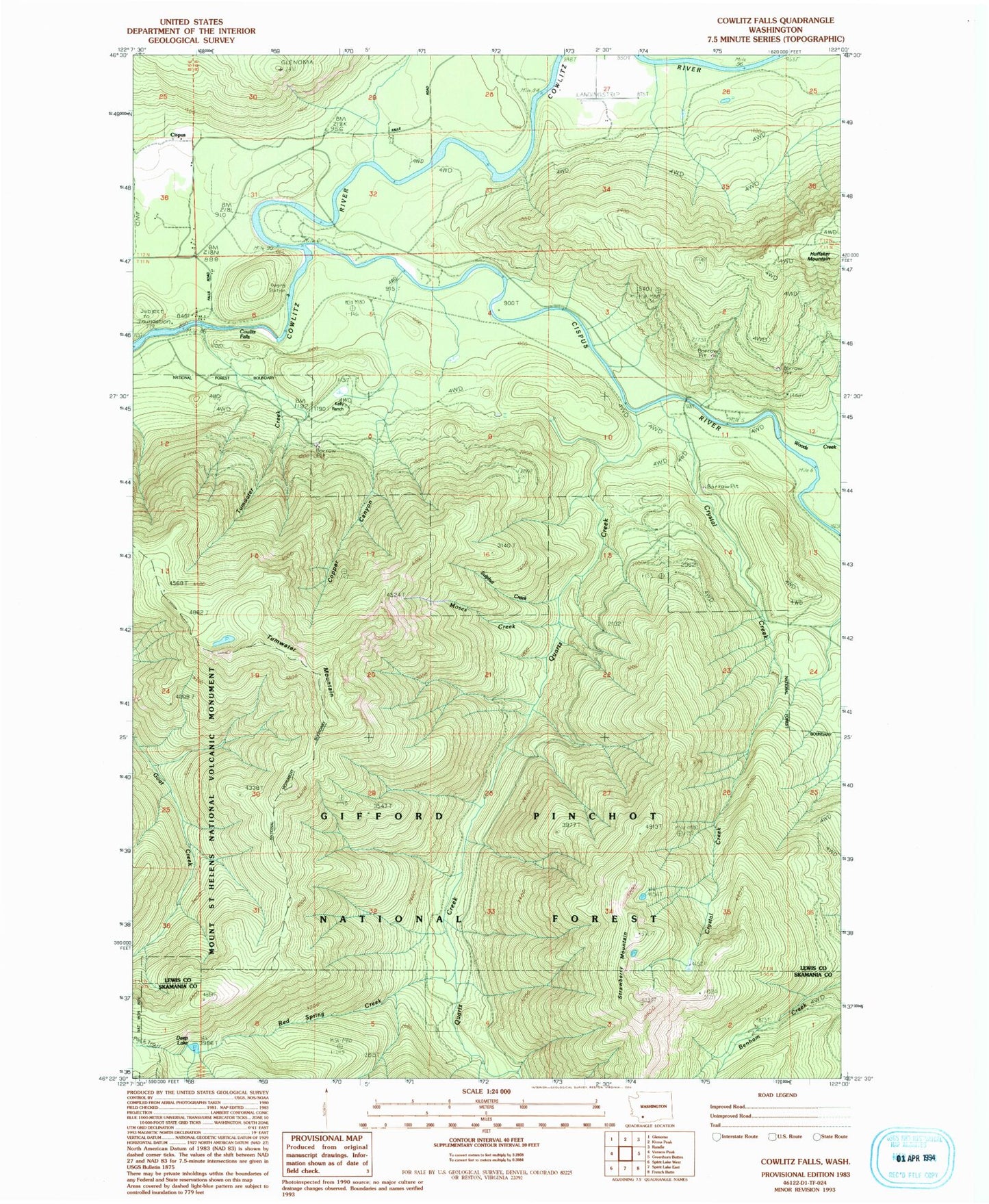 Classic USGS Cowlitz Falls Washington 7.5'x7.5' Topo Map Image