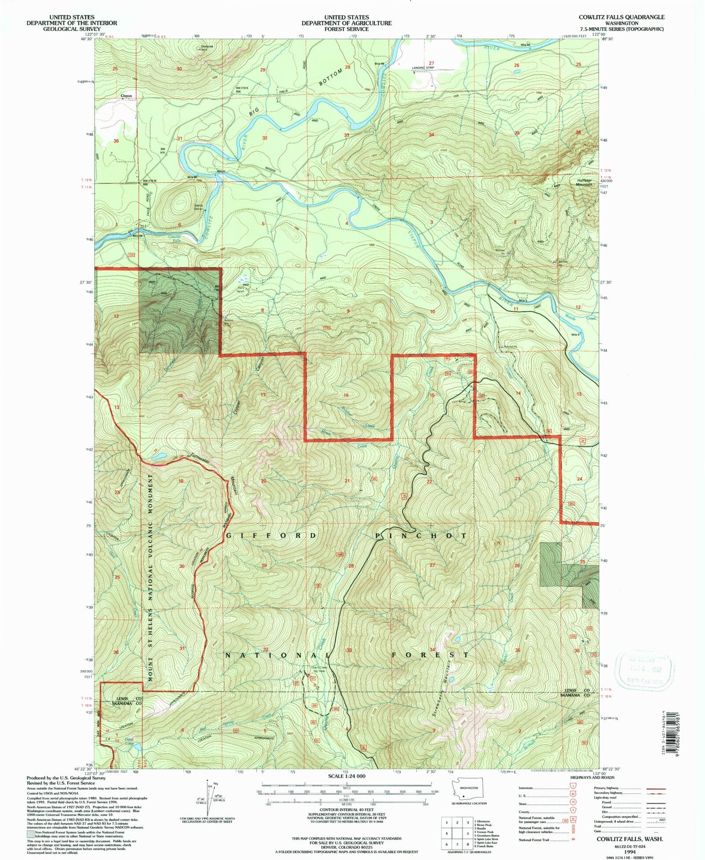Classic USGS Cowlitz Falls Washington 7.5'x7.5' Topo Map Image