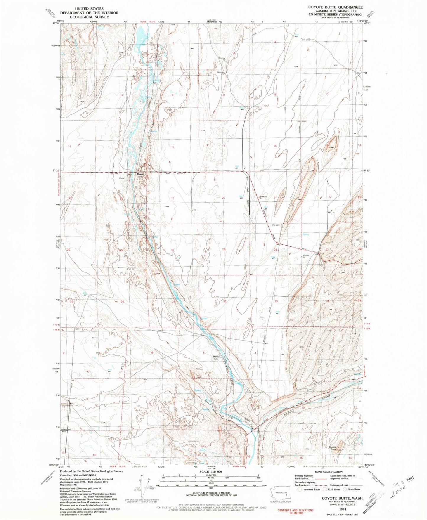 Classic USGS Coyote Butte Washington 7.5'x7.5' Topo Map Image