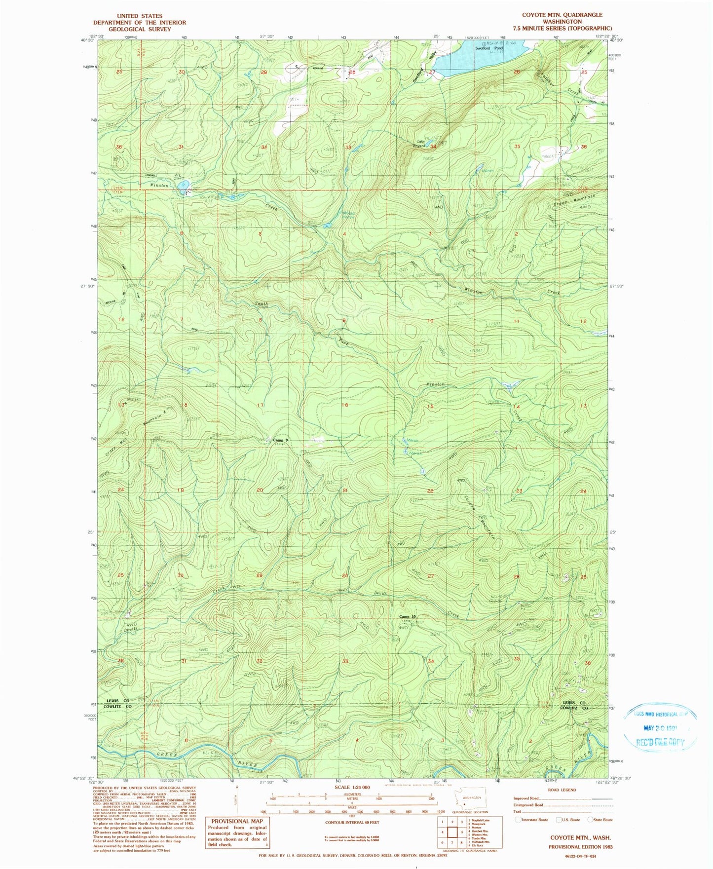 Classic USGS Coyote Mountain Washington 7.5'x7.5' Topo Map Image