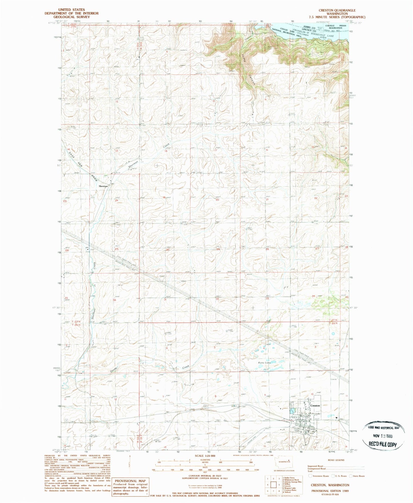 Classic USGS Creston Washington 7.5'x7.5' Topo Map Image