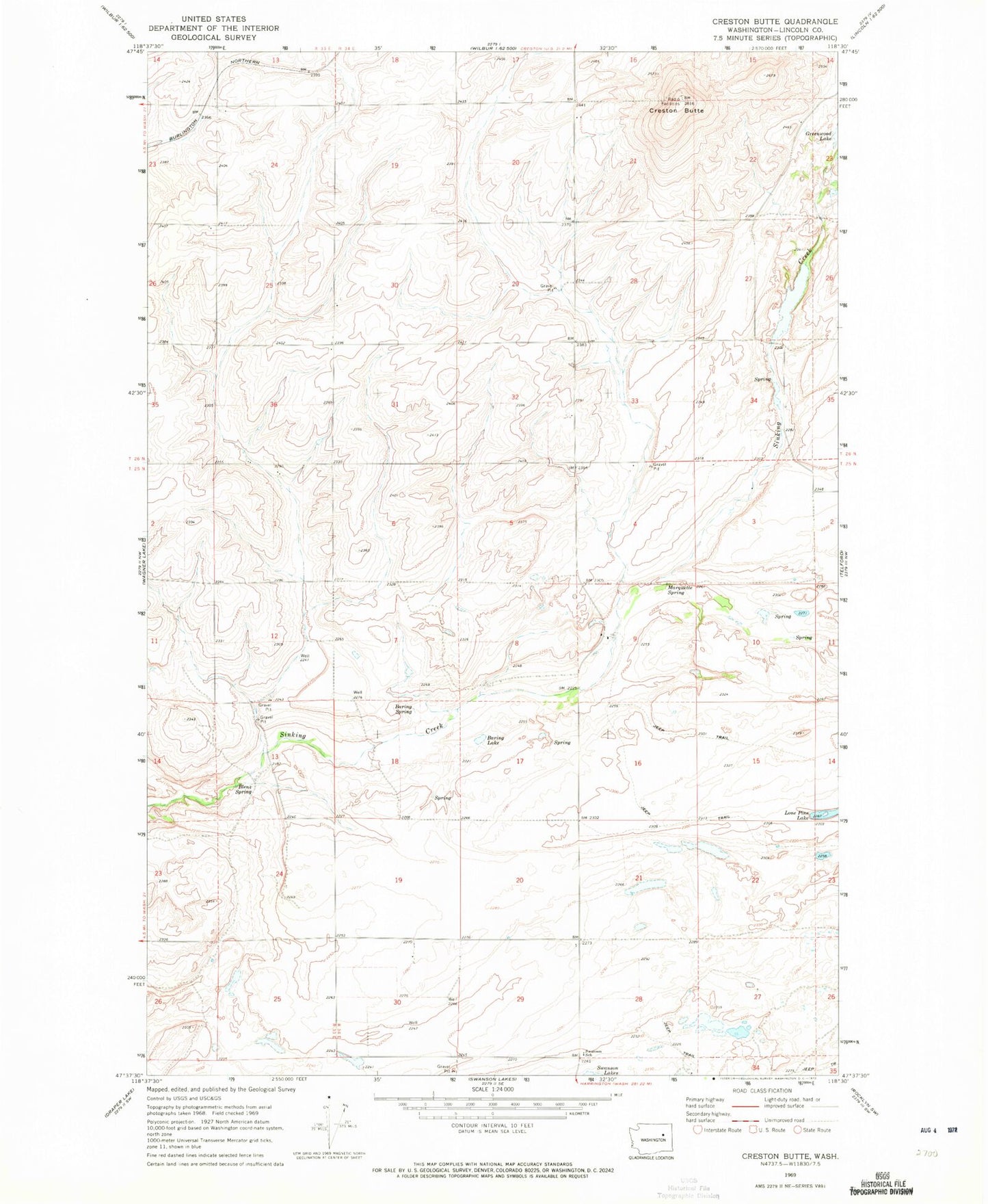 Classic USGS Creston Butte Washington 7.5'x7.5' Topo Map Image