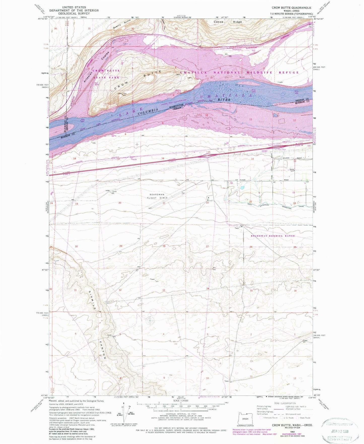 Classic USGS Crow Butte Washington 7.5'x7.5' Topo Map Image