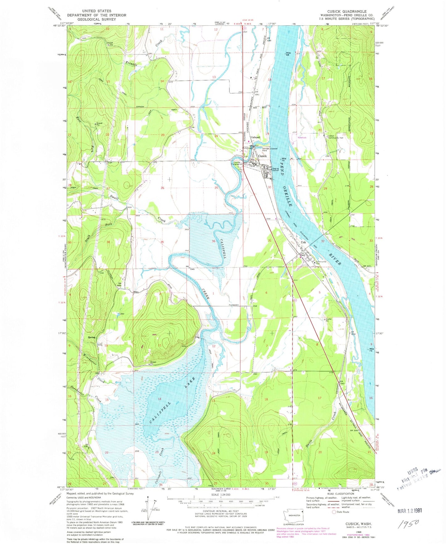 Classic USGS Cusick Washington 7.5'x7.5' Topo Map Image