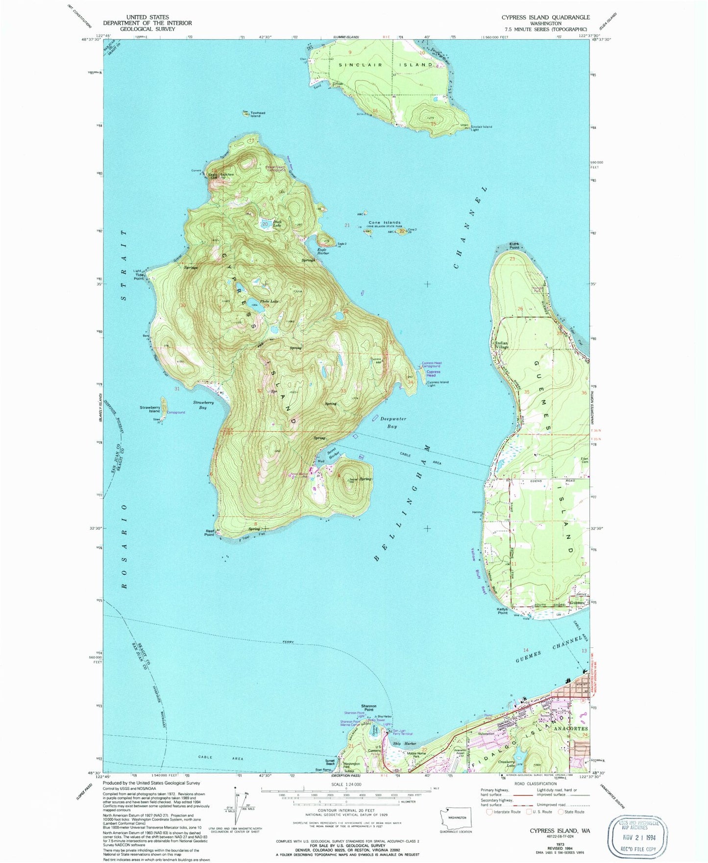 Classic USGS Cypress Island Washington 7.5'x7.5' Topo Map Image