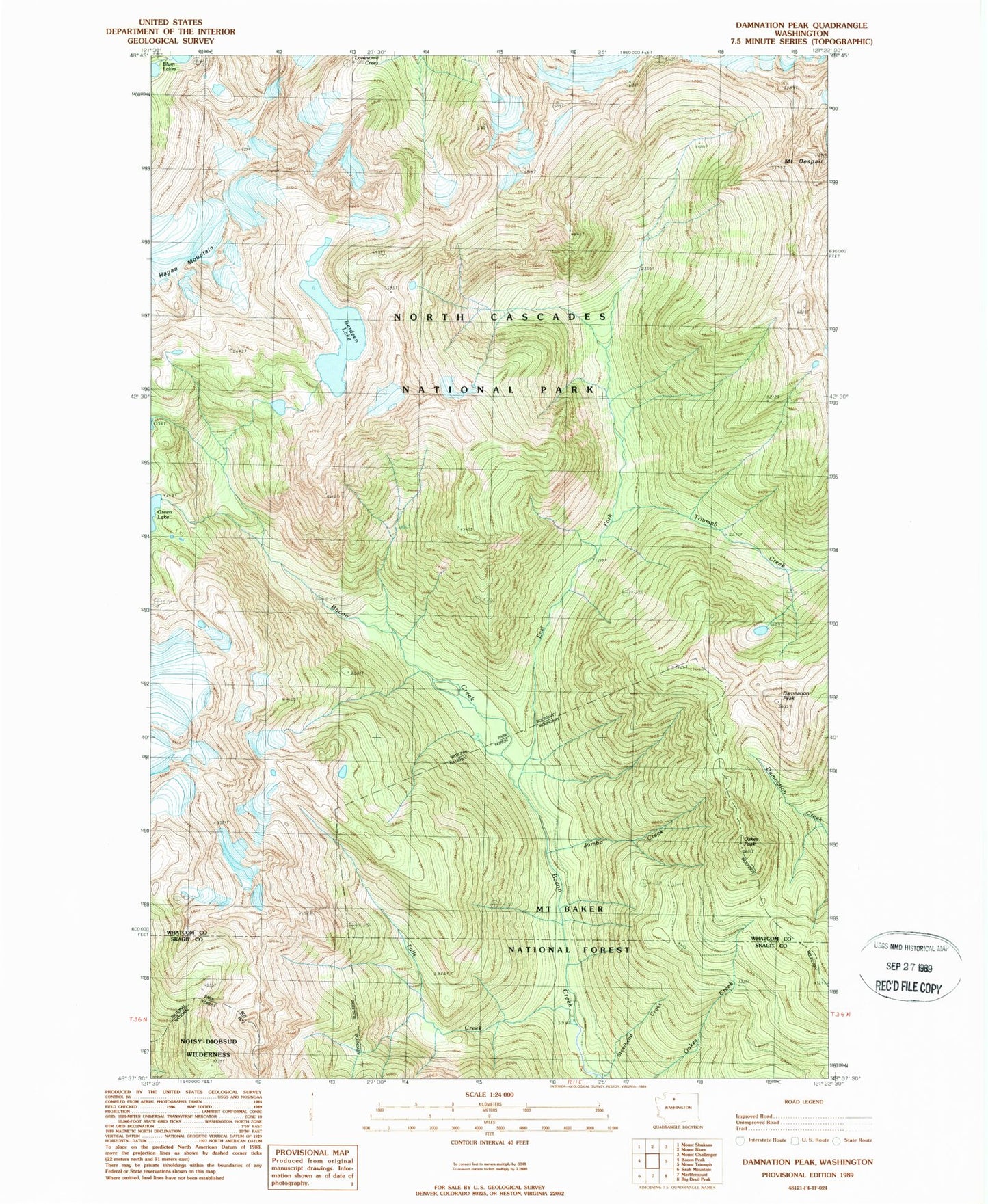 Classic USGS Damnation Peak Washington 7.5'x7.5' Topo Map Image