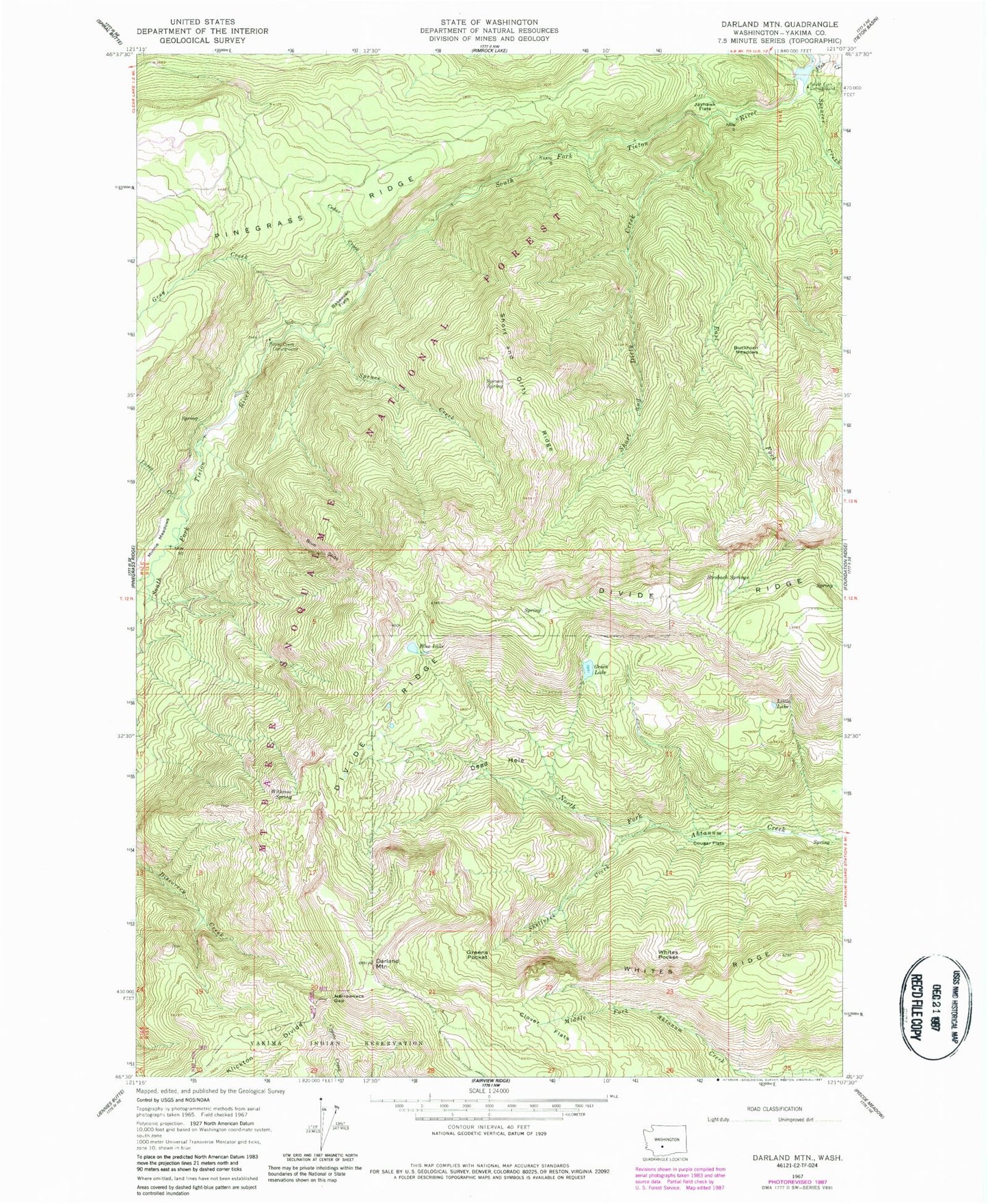 Classic USGS Darland Mountain Washington 7.5'x7.5' Topo Map Image