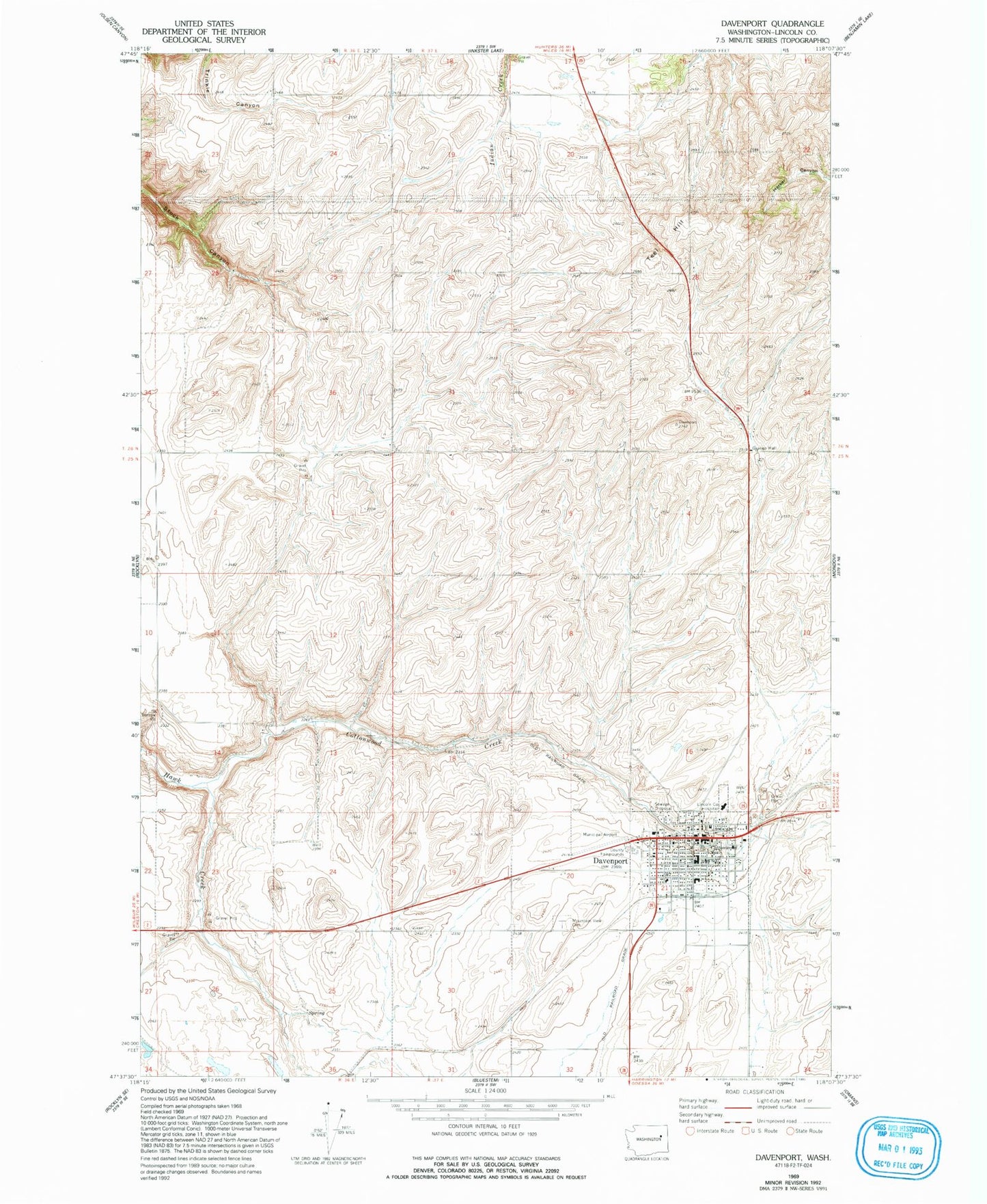 Classic USGS Davenport Washington 7.5'x7.5' Topo Map Image