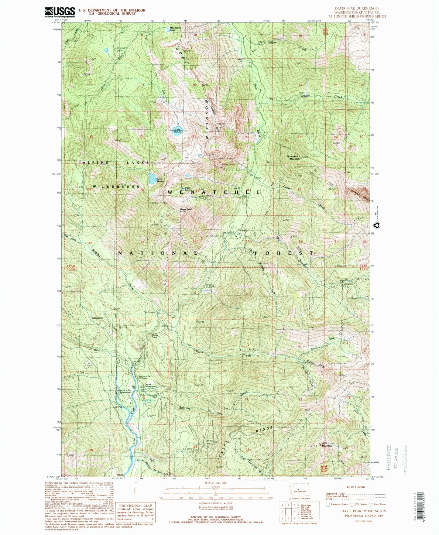 Classic USGS Davis Peak Washington 7.5'x7.5' Topo Map Image