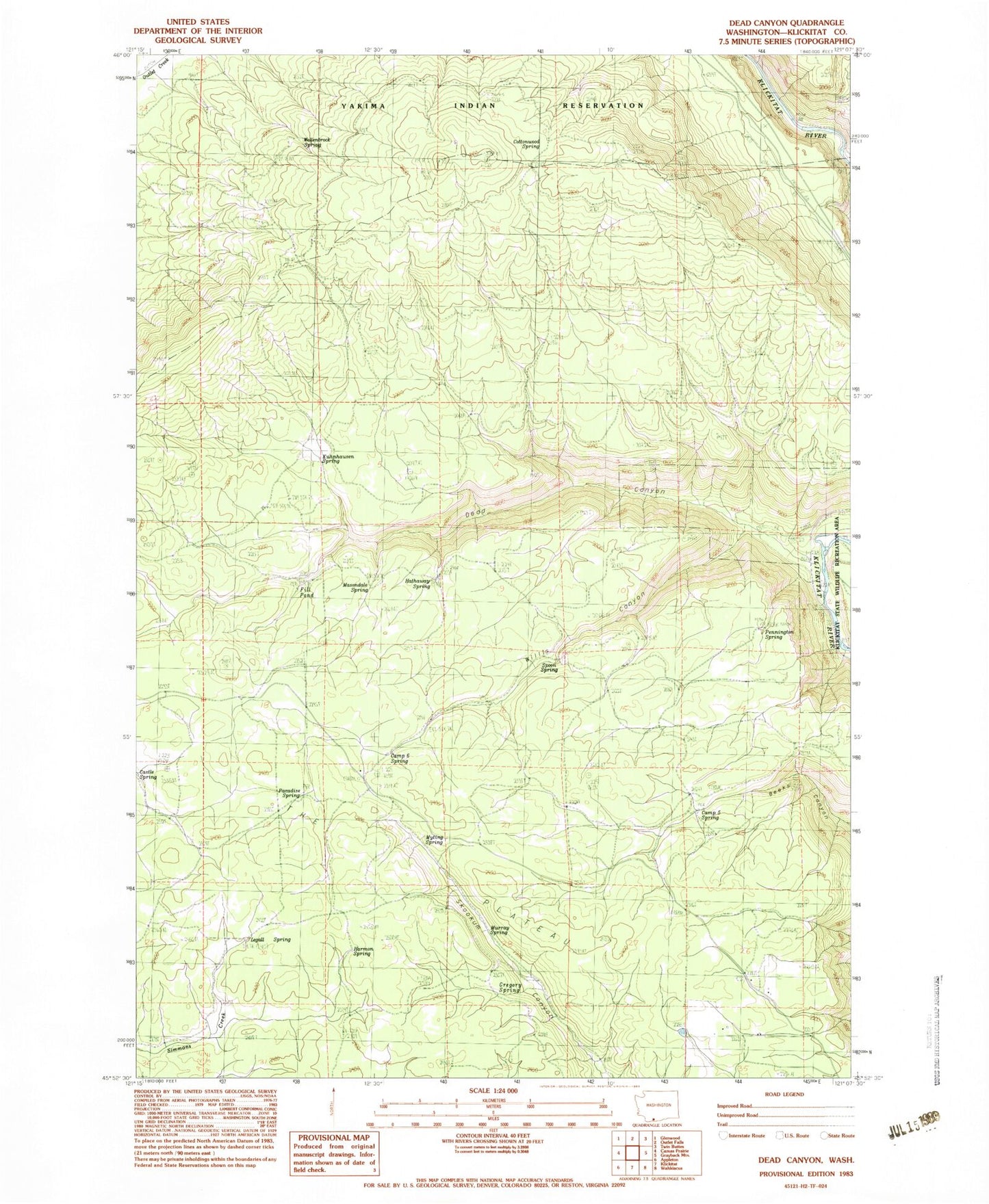 Classic USGS Dead Canyon Washington 7.5'x7.5' Topo Map Image