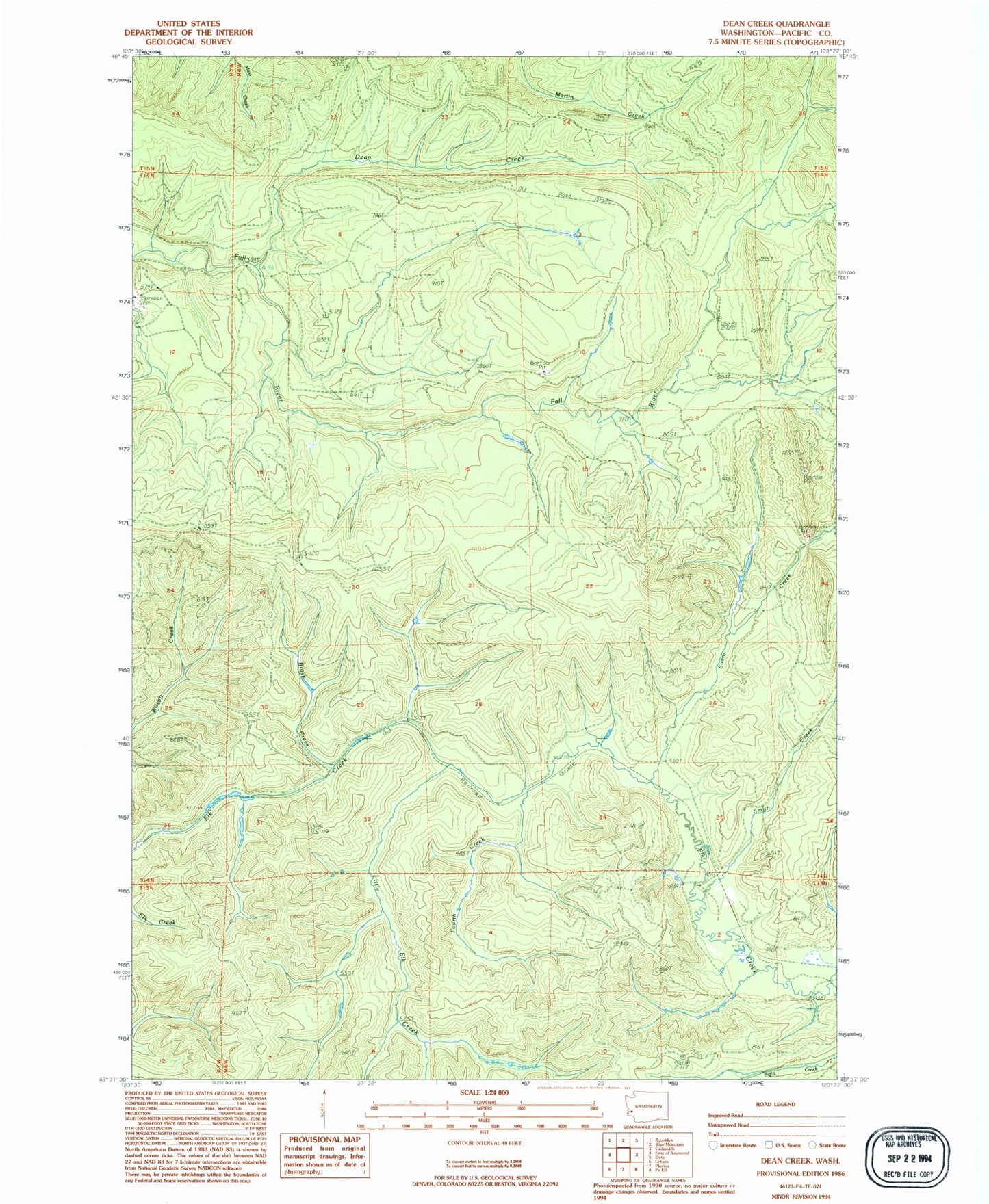 Classic USGS Dean Creek Washington 7.5'x7.5' Topo Map Image