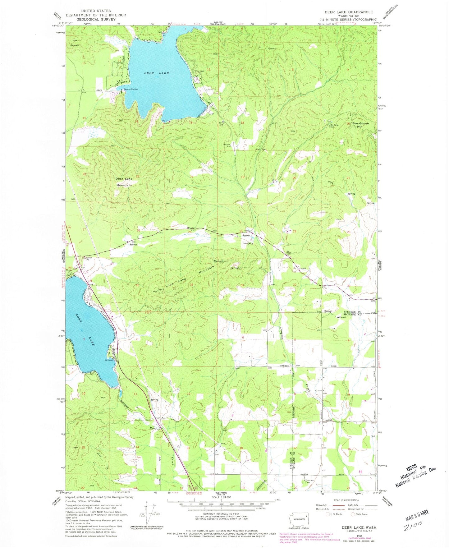 Classic USGS Deer Lake Washington 7.5'x7.5' Topo Map Image
