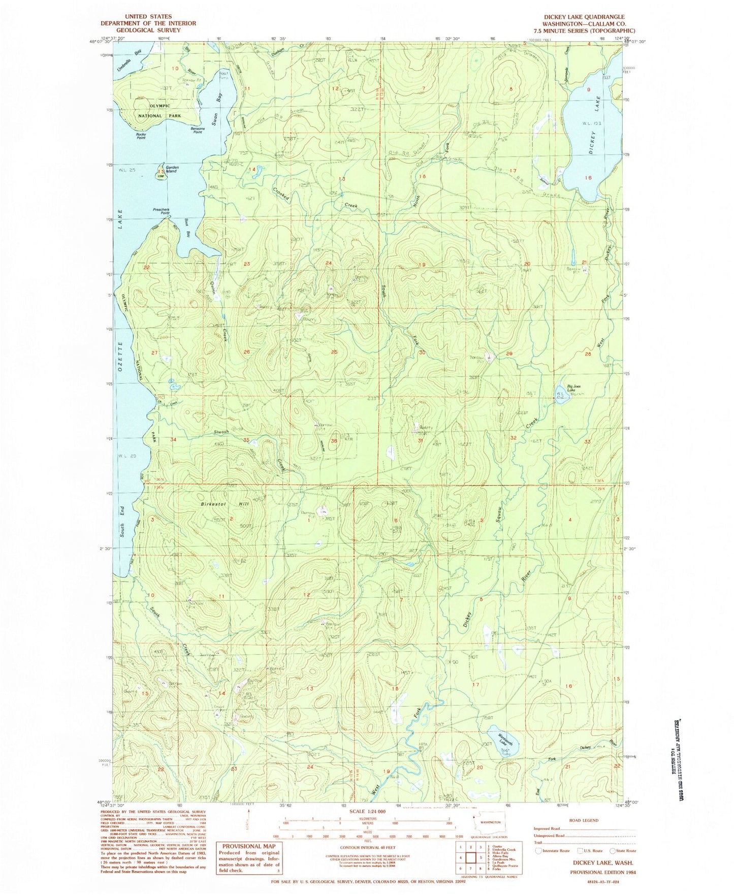 Classic USGS Dickey Lake Washington 7.5'x7.5' Topo Map Image