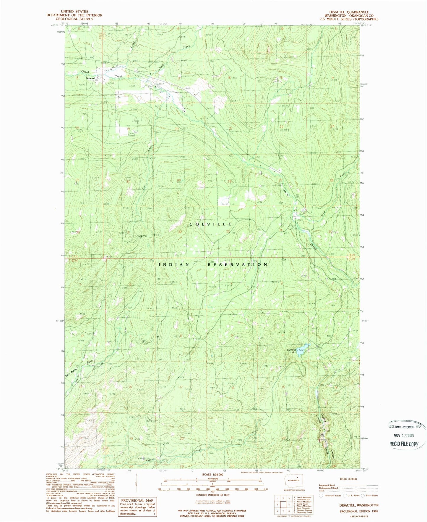 Classic USGS Disautel Washington 7.5'x7.5' Topo Map Image