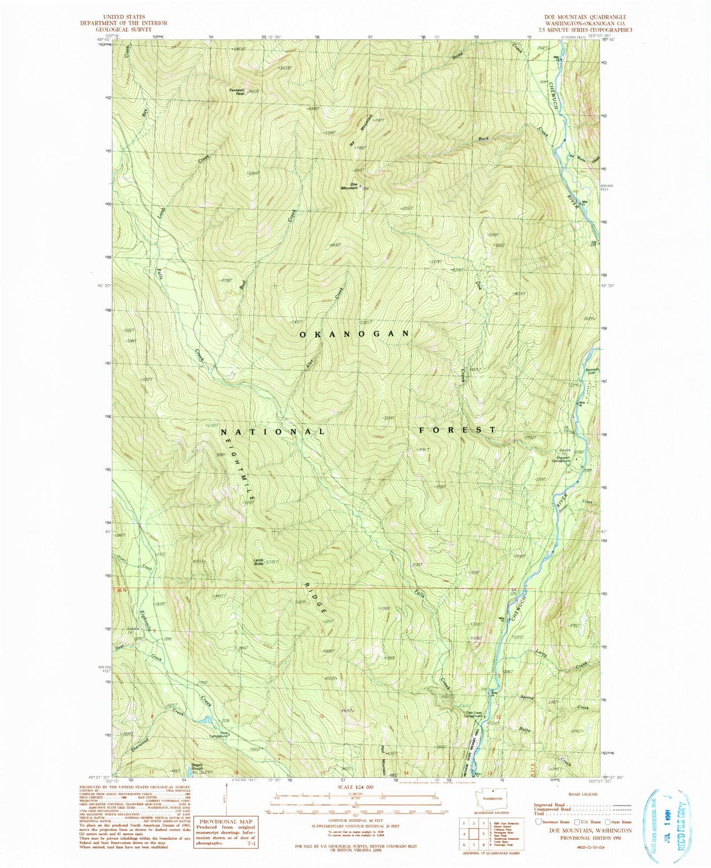 Classic USGS Doe Mountain Washington 7.5'x7.5' Topo Map Image